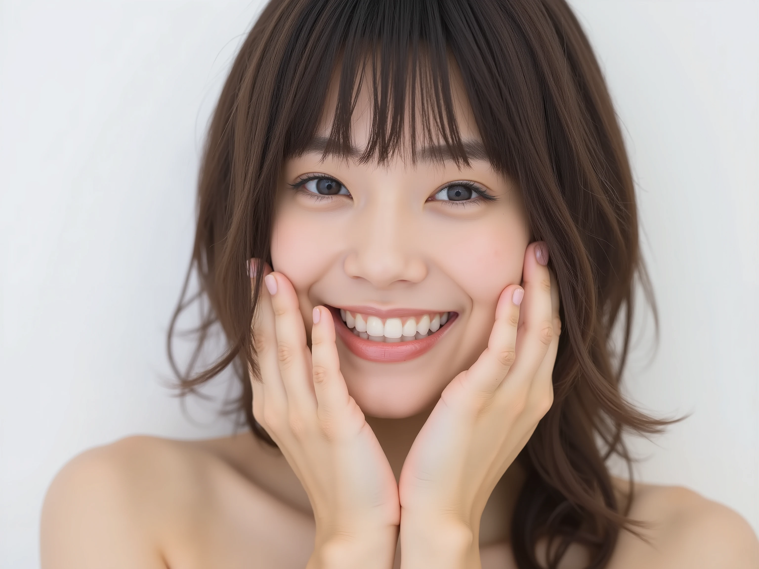 (Refined from an old photo, recreated in a modern, ultra high-quality photorealistic style, with a trendy Reiwa-era hairstyle: soft semi-long hair with natural waves and airy see-through bangs), 
Ultra photorealistic close-up portrait of a beautiful Japanese woman, 
upper-body shot, wearing a black outfit (completely out of frame, not visible), 
shoulders and collarbone softly exposed, 
both hands pressing her cheeks in a shy, lovestruck pose, 
sparkling eyes gazing dreamily at the viewer with overwhelming affection, 
cheeks blushing deeply with a sweet reddish glow, 
soft glossy lips curved into a bright, full, lovestruck smile, 
expression melting with love, playful, dreamy, adorably bashful, 
purely cute and lovestruck, overflowing with affection and warmth, 
realistic skin with detailed pores, subtle freckles, natural uneven tones, 
tiny imperfections for realism, soft peach fuzz visible, 
hair rendered with individual strands, slightly messy flow, natural matte shine, 
soft diffused cinematic lighting, natural depth, 
background pure white with gentle blur, 
(masterpiece, best quality, high resolution, intimate romantic close-up, cinematic magazine cover style)