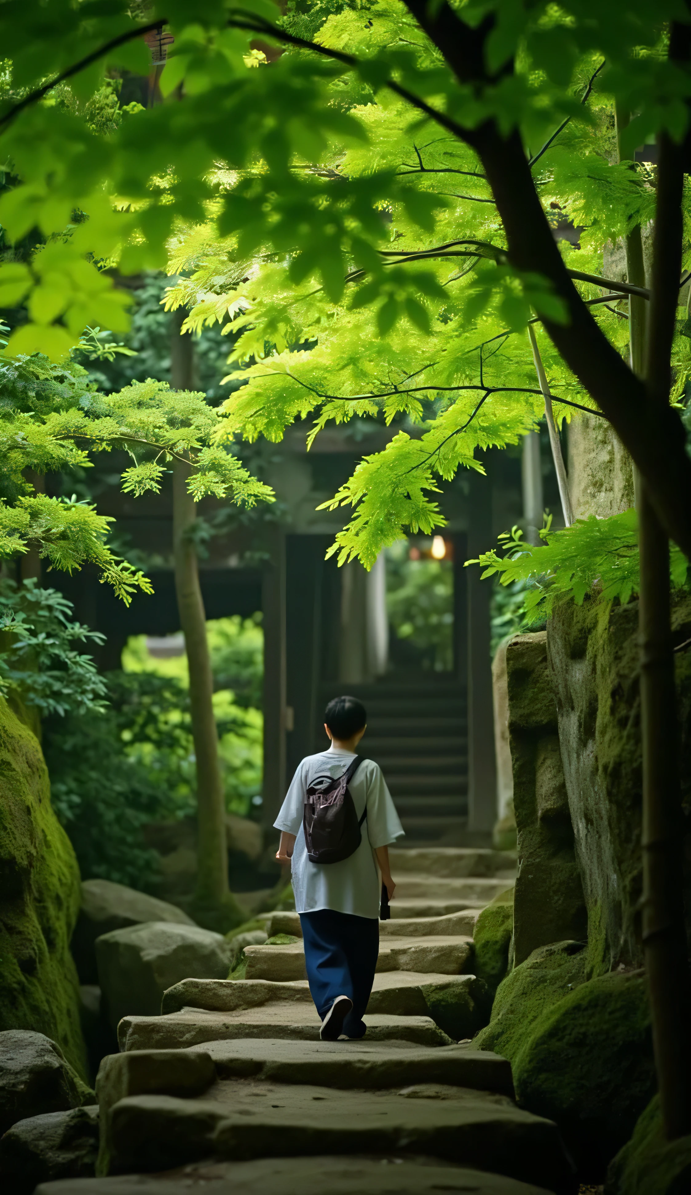 photorealisme,jps211,, un type de photographie qui capture des scènes de la vie réelle. C'est un portrait d'une femme marchant sur un chemin de pierre entouré d'une verdure luxuriante. Elle est vêtue de vêtements traditionnels, tenant un petit sac, et semble regarder le paysage devant elle. Le chemin est étroit et entouré d'arbres et de rochers, créant une atmosphère sereine et naturelle. L'éclairage est doux et diffus, avec certaines zones de la scène ombragées par le feuillage dense. L'ambiance générale de l'image est paisible et contemplative.