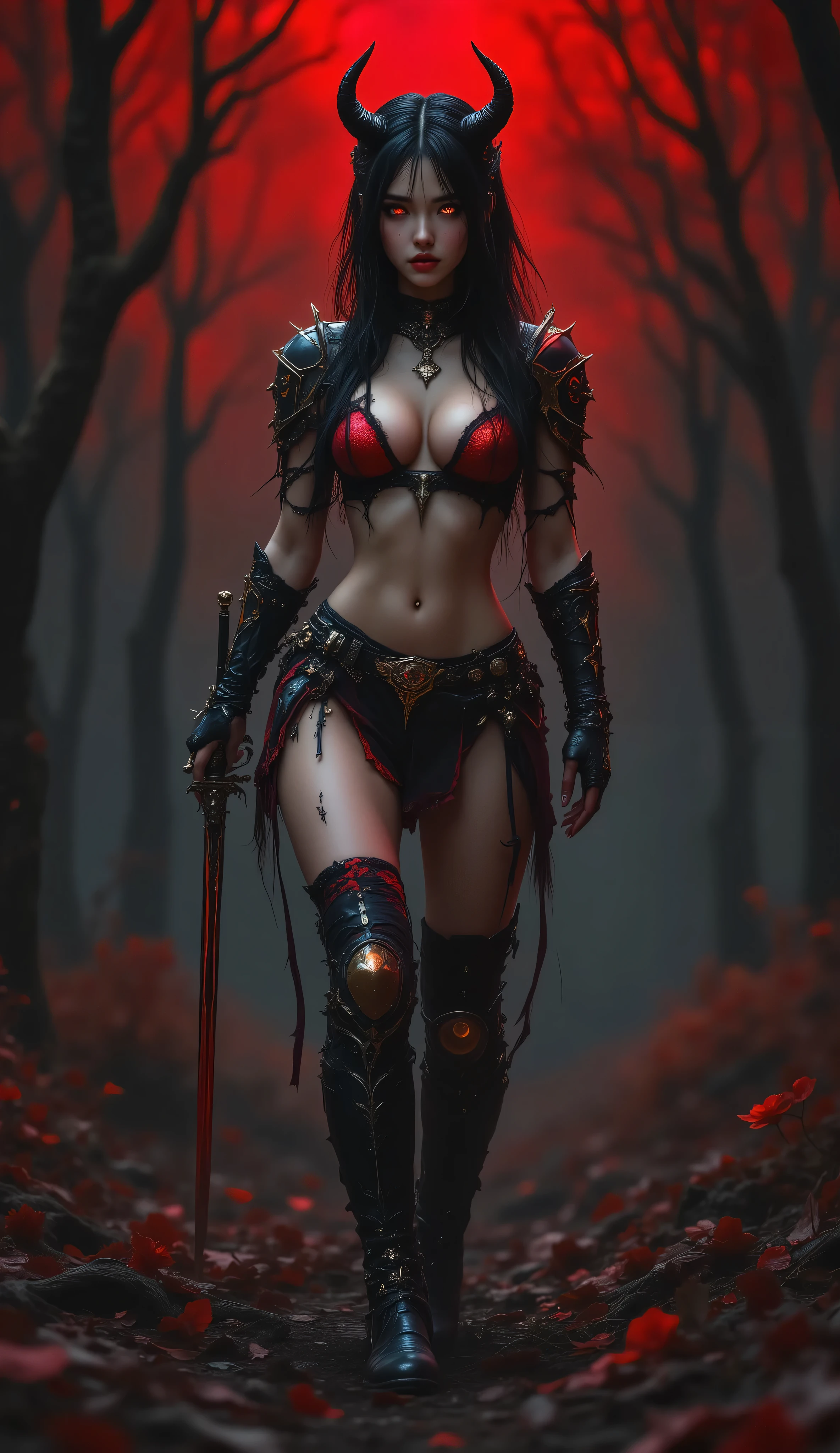 masterpiece, best quality, digital art style, (masterpiece:1.4), best quality, ultra-detailed, 8k resolution, high dynamic range, stunningly beautiful, intricate details, sharp focus, detailed eyes, cinematic color grading, cinematic pose, high-resolution texture, 
BREAK  
{{(light skin:2)}}, (((solo:2, looking at viewer))), (((((long hair, short sidelocks, curtained bangs)))))), ((((((black hair)))))), (((expressive eyes, red eyes))), (Beautiful face, cute face), ((short:2, petite:2, small , pink lips, slim waist)), 
BREAK
(((Dark fantasy armor, piked shoulder pads, Revealing armor,  armor, Black gauntlets, Armored greaves, Metallic lingerie, Red trim, Demonic armor, navel, sword))), , (hyperdetailed fashion)  ,
BREAK
(((((War Stance, War Stance Pose, combat stance, walking))))), (((Fierce gaze, right Hand on , left hand holding a sword, Weight shifted, Intimidating posture, left hand up))), (((((feet out of frame, from slightly below))))),
BREAK
(((Misty forest, Foggy woods, Monochromatic, Eerie atmosphere, Dark fantasy background, Red Mist, Crimson Fog, Haunted Woods, Blood Forest, Scarlet Trees, Eerie Red Haze, Foreboding Glow, Enchanted Forest, Crimson Twilight, Gothic Woods))), 
, artist:moriimee, East Asian, K-beauty, Slanted eyes, Asian face, Korean girl, KRGRL, r17329_illu, Colored pencil hyperdetailed realism,