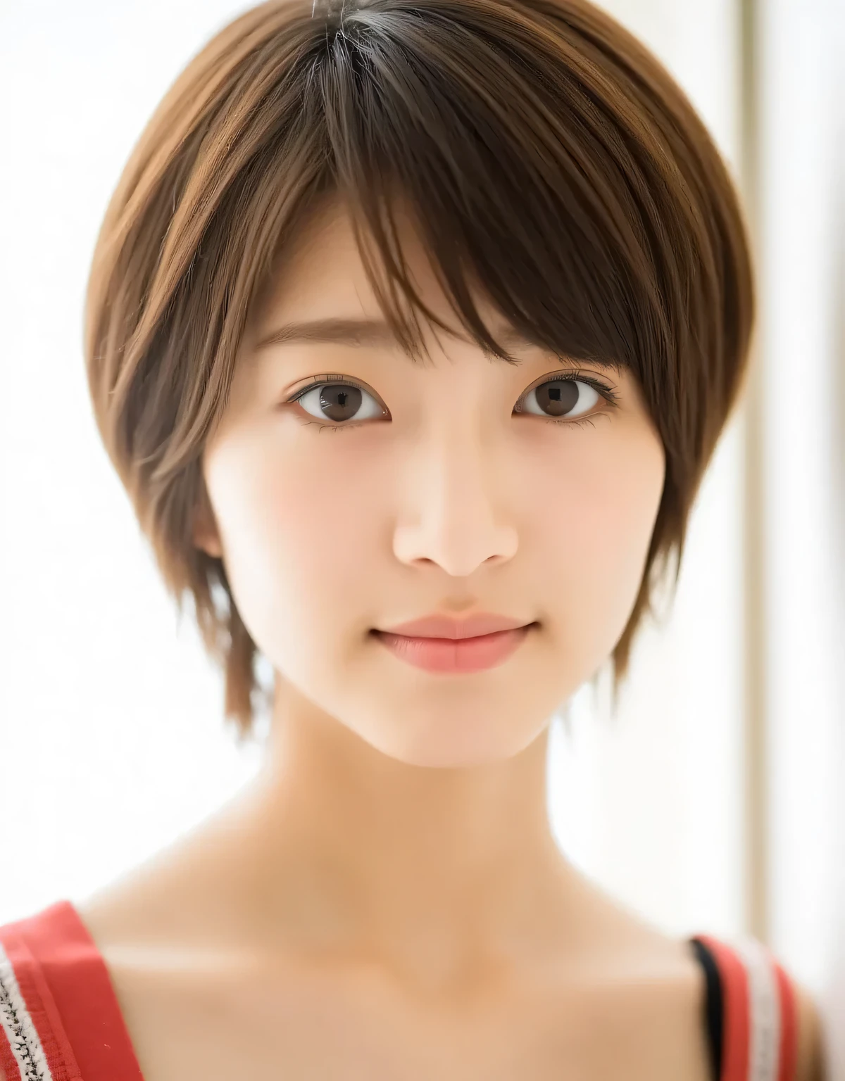 Raw photo, reality, ((staring)), ((focus on face)), ((close-up)), front view, Japanese woman, smiling in the sun, ((brown hair color, short hair, hairstyle)), tank top, beautiful collarbone, unedited, live action, authentic, cute young girl, beautifully reflective eyes, beautifully detailed lips, very delicate eyes and face, long eyelashes, smiling in the faint sun, simple white background, natural light