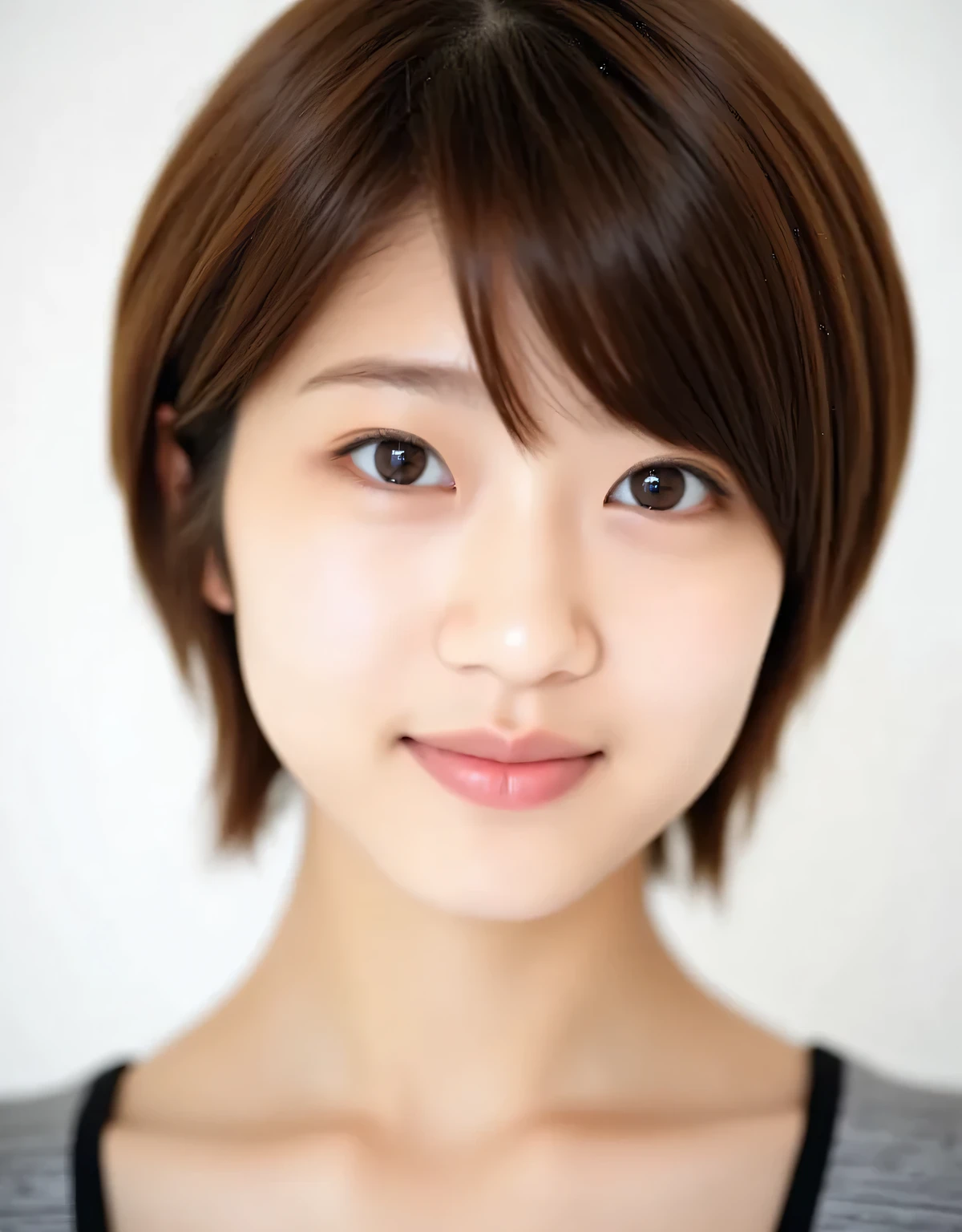 Raw photo, reality, ((staring)), ((focus on face)), ((close-up)), front view, Japanese woman, smiling in the sun, ((brown hair color, short hair, hairstyle)), tank top, beautiful collarbone, unedited, live action, authentic, cute young girl, beautifully reflective eyes, beautifully detailed lips, very delicate eyes and face, long eyelashes, smiling in the faint sun, simple white background, natural light