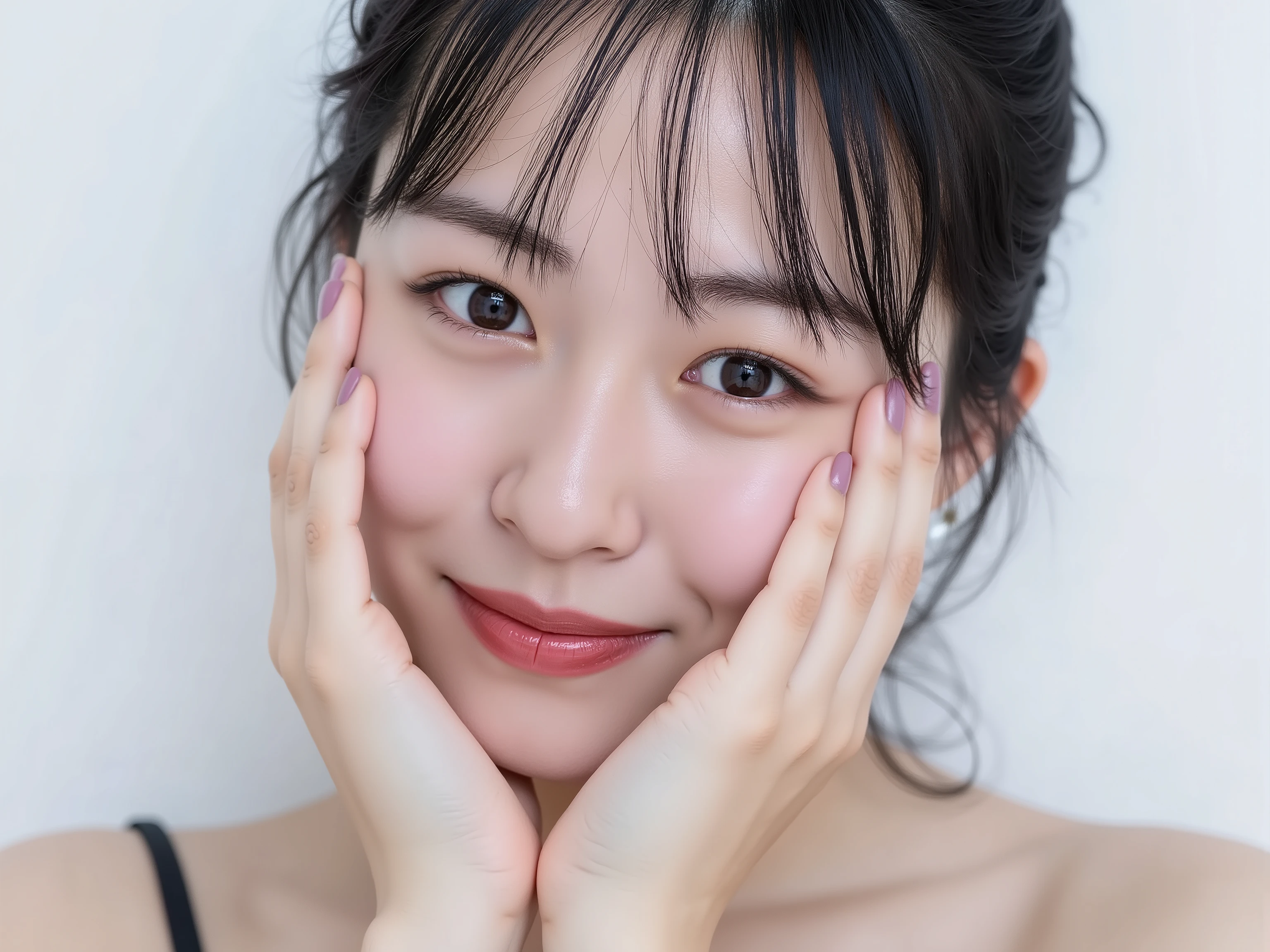 (Refined from an old photo, recreated in a modern, ultra high-quality photorealistic style, with a trendy Reiwa-era hairstyle: soft semi-long hair with natural waves and airy see-through bangs), 
Ultra photorealistic close-up portrait of a beautiful Japanese woman, 
upper-body shot, wearing a black outfit (completely out of frame, not visible), 
shoulders and collarbone softly exposed, 
both hands pressing her cheeks in a shy, lovestruck pose, 
sparkling eyes gazing dreamily at the viewer with overwhelming affection, 
cheeks blushing deeply with a sweet reddish glow, 
soft glossy lips curved into a bright, full, lovestruck smile, 
expression melting with love, playful, dreamy, adorably bashful, 
purely cute and lovestruck, overflowing with affection and warmth, 
realistic skin with detailed pores, subtle freckles, natural uneven tones, 
tiny imperfections for realism, soft peach fuzz visible, 
hair rendered with individual strands, slightly messy flow, natural matte shine, 
soft diffused cinematic lighting, natural depth, 
background pure white with gentle blur, 
(masterpiece, best quality, high resolution, intimate romantic close-up, cinematic magazine cover style)