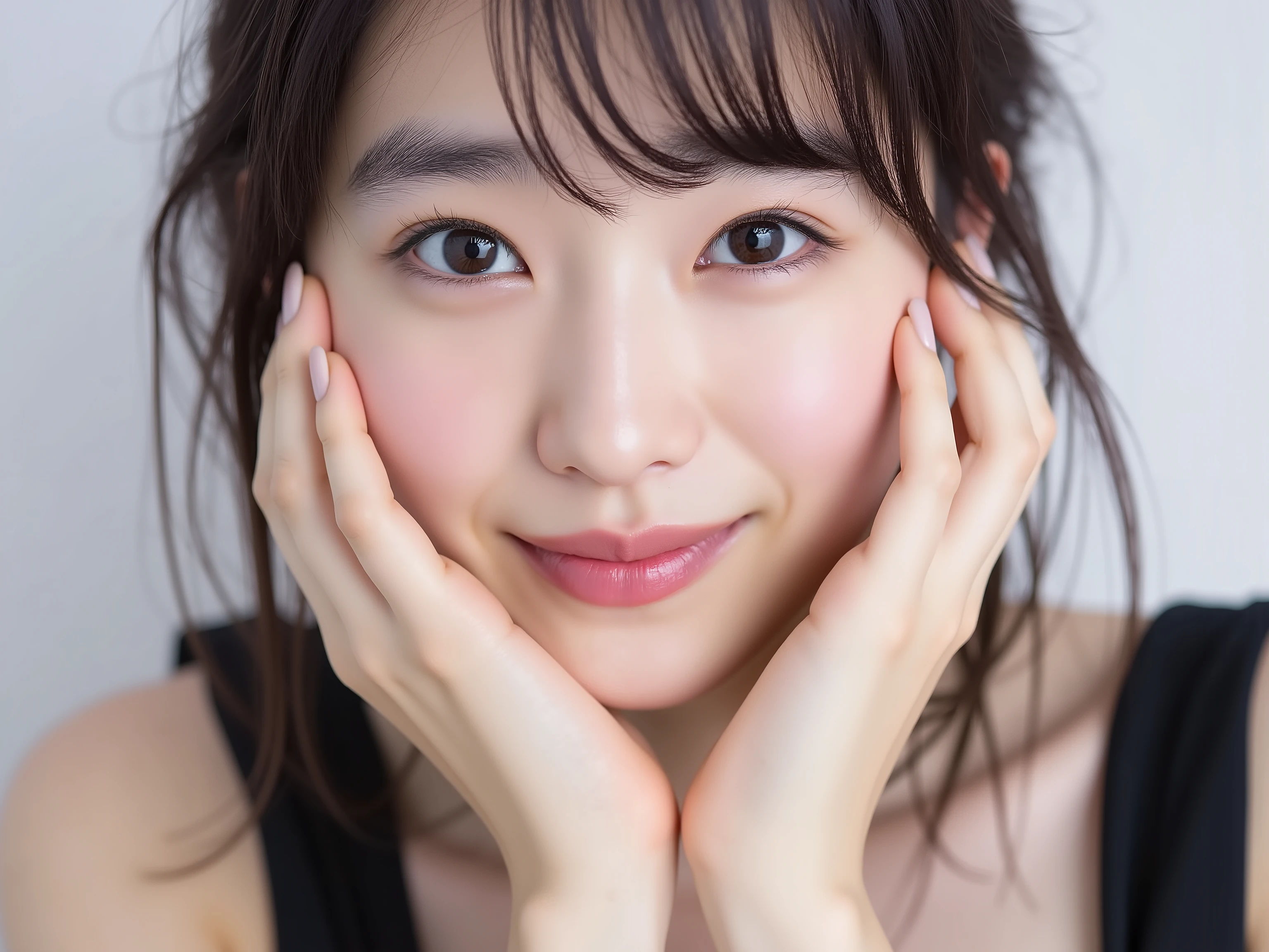 (Refined from an old photo, recreated in a modern, ultra high-quality photorealistic style, with a trendy Reiwa-era hairstyle: soft semi-long hair with natural waves and airy see-through bangs), 
Ultra photorealistic close-up portrait of a beautiful Japanese woman, 
upper-body shot, wearing a black outfit (completely out of frame, not visible), 
shoulders and collarbone softly exposed, 
both hands pressing her cheeks in a shy, lovestruck pose, 
sparkling eyes gazing dreamily at the viewer with overwhelming affection, 
cheeks blushing deeply with a sweet reddish glow, 
soft glossy lips curved into a bright, full, lovestruck smile, 
expression melting with love, playful, dreamy, adorably bashful, 
purely cute and lovestruck, overflowing with affection and warmth, 
realistic skin with detailed pores, subtle freckles, natural uneven tones, 
tiny imperfections for realism, soft peach fuzz visible, 
hair rendered with individual strands, slightly messy flow, natural matte shine, 
soft diffused cinematic lighting, natural depth, 
background pure white with gentle blur, 
(masterpiece, best quality, high resolution, intimate romantic close-up, cinematic magazine cover style)