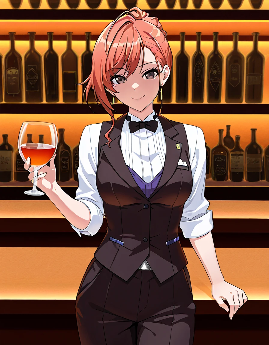 masterpiece, high quality, ultra detailed, beautiful detailed face, anime, ultra-high resolution, 8K, solo, Arisugawa Natsuha, hair up, slender, medium breasts, funny smile, bartender, bartender uniform, vest, bowtie, pant, standing, watching viewer, holding glass, bar, counter, 