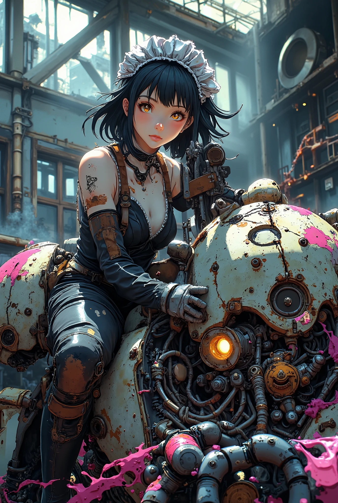 Anime key visual, masterpiece, best quality, ultra-detailed, 8k. A beautiful "Maid Mechanic" with determined bright (amber) eyes and slight smudges of grease on her cheek. She is wearing a detailed, functional black and white maid uniform apron over a practical jumpsuit, with leather tool harness. She is dynamically perched on the shoulder of a colossal, weathered combat mech, using a massive glowing wrench to adjust a complex hydraulic piston. The scene is set inside a vast, gritty hangar bay with other mechs under repair in the background. Dramatic low-angle shot from below, emphasizing the scale. Volumetric light rays from overhead industrial lights cut through the haze of smoke and steam. Splatters of vibrant magenta motor oil and sparks from welding (sparkle effect) fly through the air. Style of Ghost in the Shell and Studio Trigger, detailed mechanical design, cinematic lighting, dynamic composition.