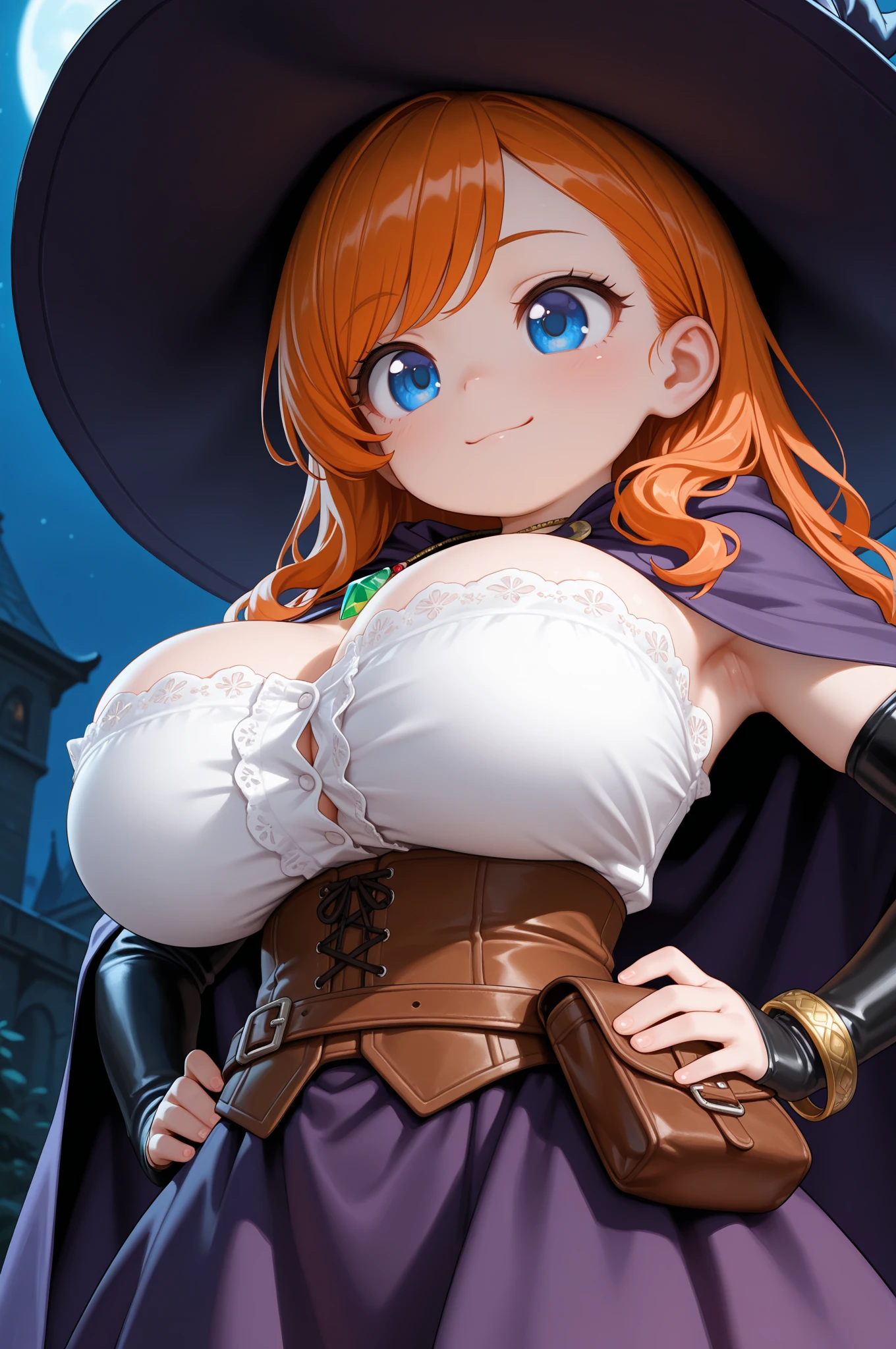 Masterpiece,best quality, from above,pov,Kousaka honoka, blue eyes, orange hair, looking_at_viewer, cowboy shot, blouse,down blouse, leaning forward, sitting,in dark forest, , perfect shadow, beautiful,cozy , one ?????? slip , open mouth,??? in mouth , pov ????? ,??? on face ,(??????? apart:0.8),one eye closed , uncomfortable ,witch hat,cape