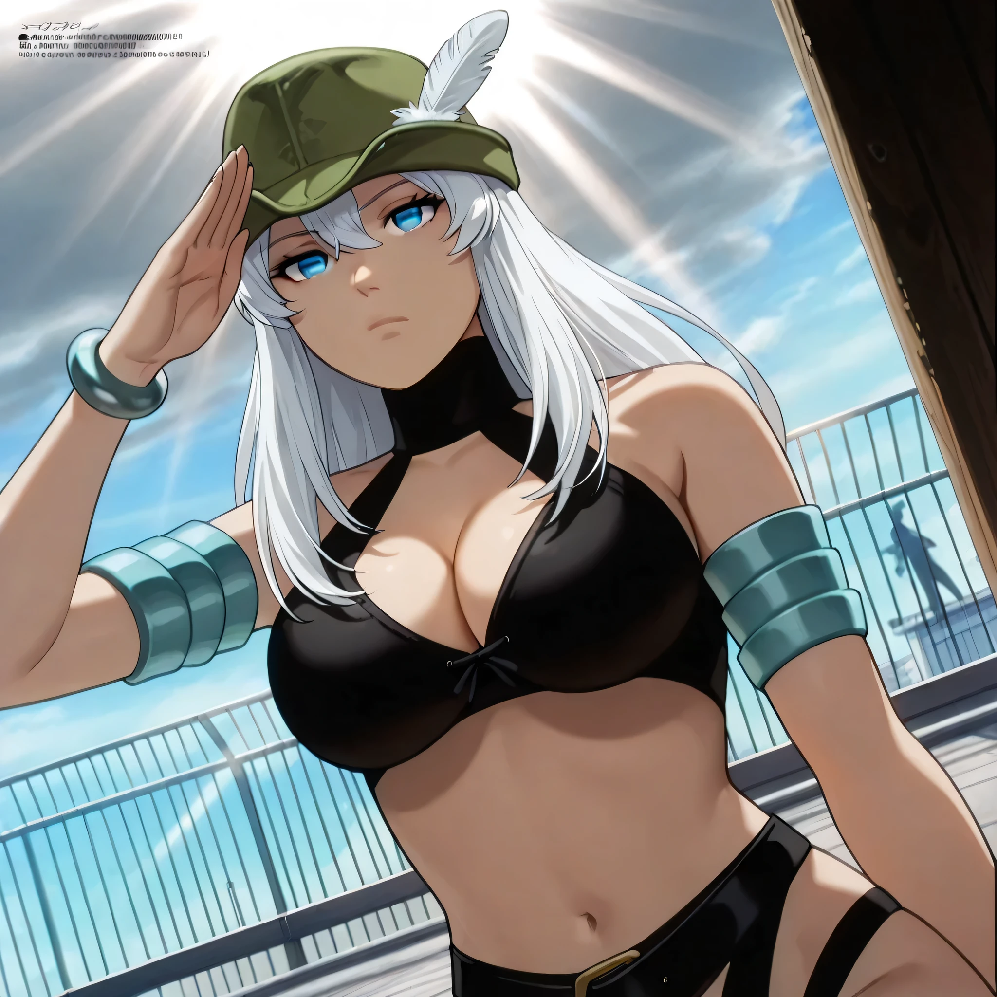 (((Masterpiece))), (((Best Quality))), ((Super Detail)), ultra-High resolution, score_9,score_8_up,score_7_up,score_6_up,score_5_up,score_4_up, BREAK, source_anime, anime screencap, uncensored, Masterpiece, (best shadow), (absurdres), (detailed background), (very aesthetic), detailed beautiful eyes, outstanding, an exquisite animation illustration, curvy, highres, dark persona, horizontal pupils, black leotard, clothing cutout, circlet, halterneck, armlet, bracelet, belt, high heel boots, knee boots, (((solo, 1girl))), hair ornament, submissive pose, seductive pose, anime style, anime coloring, animification, megami magazine, sexy pose, large breast, n0ma5k_f3ather, white hair, long hair, bangs, sidelocks, hair between eyes, blue eyes, cleavage, navel, midriff, groin, green headwear, cabbie hat, hat feather, saluting, salute, standing, standing at attention, standing still, cowboy shot, upper body, dutch angle, dynamic angle, cinematic angle, looking ahead, expressionless, emotionless, rooftop, sunbeam, dappled light