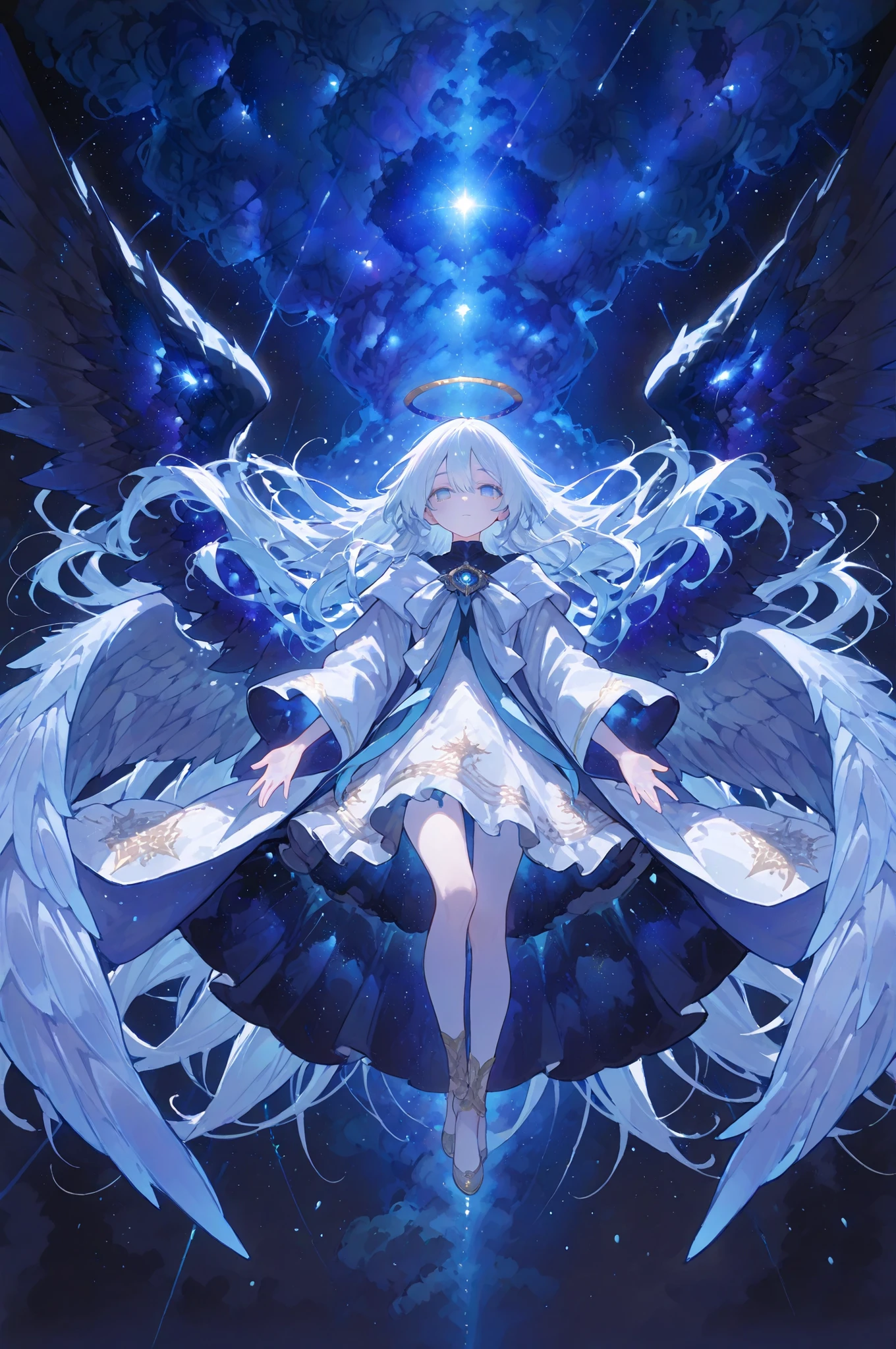 ,Top quality, masterpiece, original photo, ultra-high resolution, ultra-high quality, super detail, 8k picture quality, ultimate quality, detailed description, symmetrical eyes, detailed and beautiful face, extremely detailed cg,**********Show your full body. A girl angelic figure floats in the sky, sacred, ethereal, glowing, with three giant blue nebula wings emitting blue light (triple pairs of giant blue nebula wings :1.5). Blue light is leaking from the wings, composed of sky-blue light particles, a halo, white hair, long hair, and hair between the eyebrows. Flowing hair, a sacred robe, and shining stars in the background. A vast starry sky background