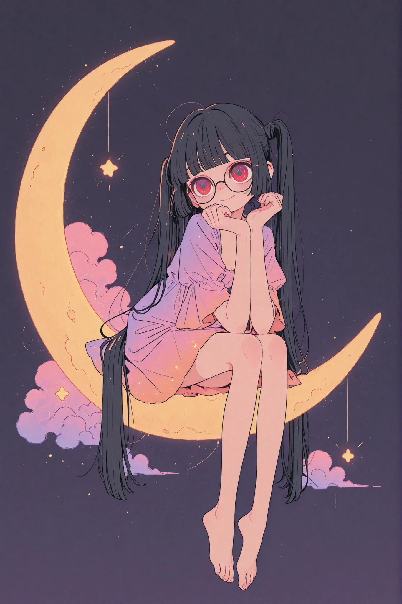 flat design, bold outlines, minimal shading, solid colors, 1 girl, solo, very long hair, jet black hair, hime cut, twin tails, crimson eyes, (big eyes:1.1), glasses, small breasts, simple pastel dress, bare feet, sitting on crescent moon, legs dangling softly, hands resting on knees, gentle smile, relaxed expression, flat night sky background, minimal glowing stars, soft pastel clouds, clean vector style, dreamy storybook atmosphere