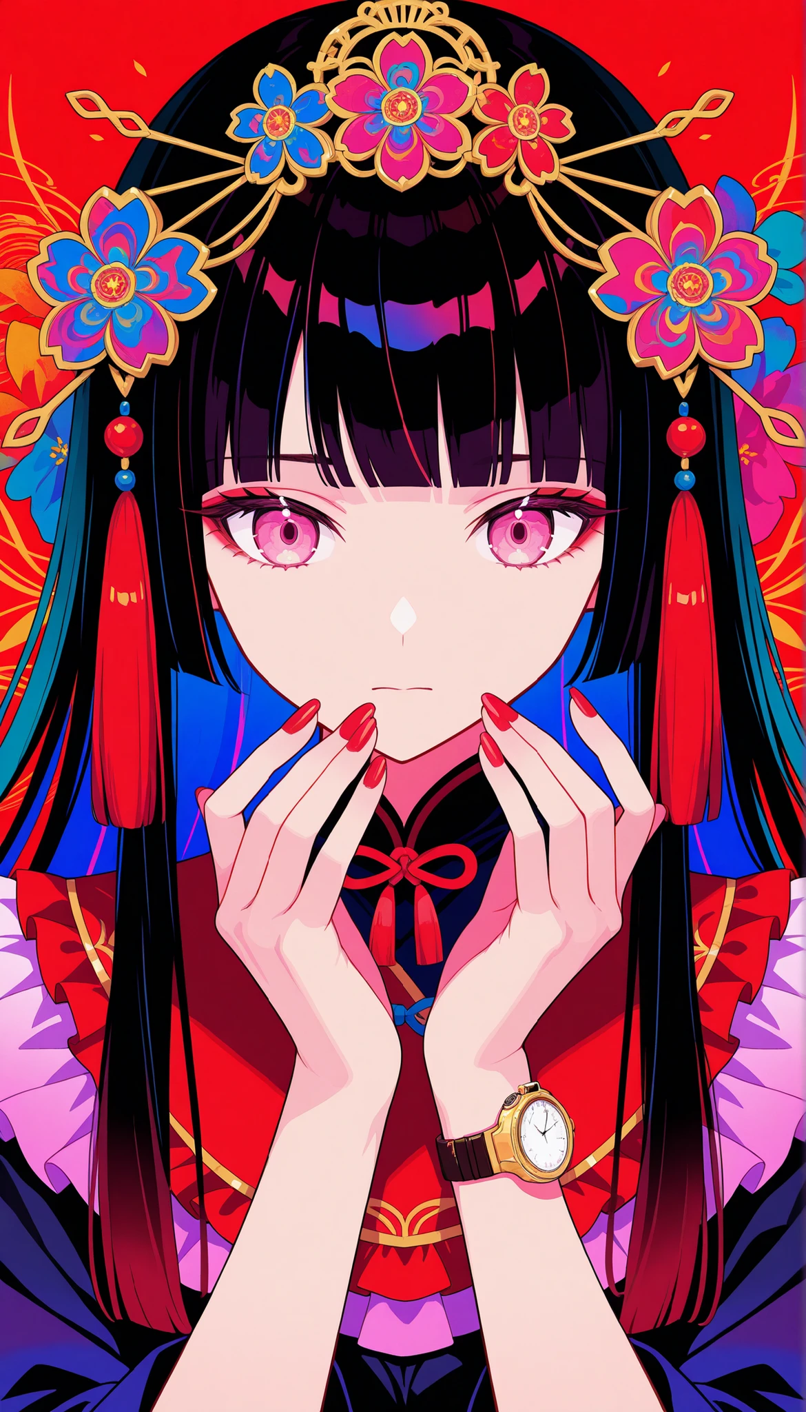Woman, solo, red nails, watch viewers, Bang, pink eyes, long hair, dark haired, hair ornaments, hands up, Flower, blunt Bang, closed mouth, Tassel, ribbon, Portrait, colorful, red background, frills, multicolored hair, upper body,