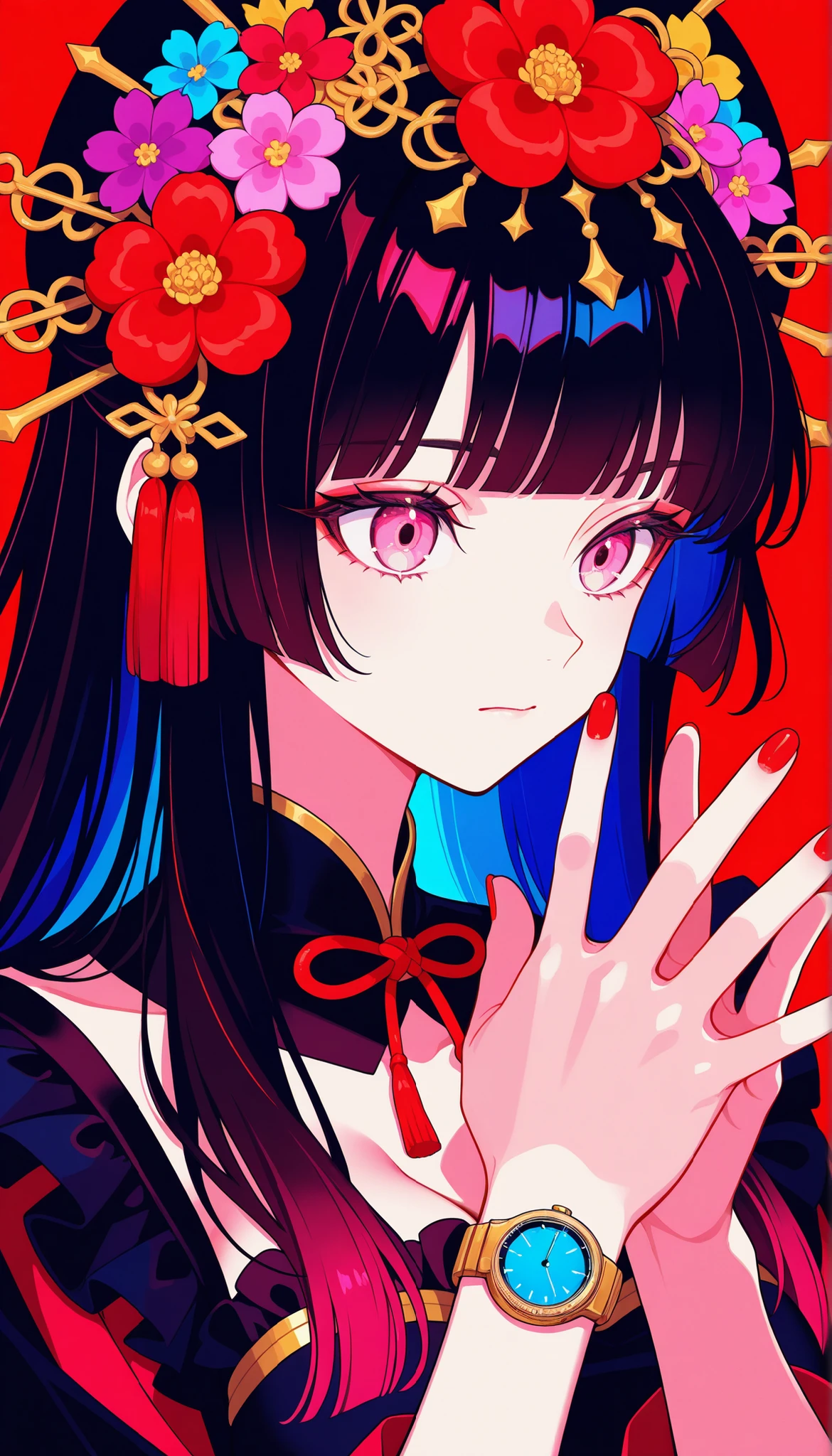 
Woman, solo, red nails, watch viewers, Bang, pink eyes, long hair, dark haired, hair ornaments, hands up, Flower, blunt Bang, closed mouth, Tassel, ribbon, Portrait, colorful, red background, frills, multicolored hair, upper body,