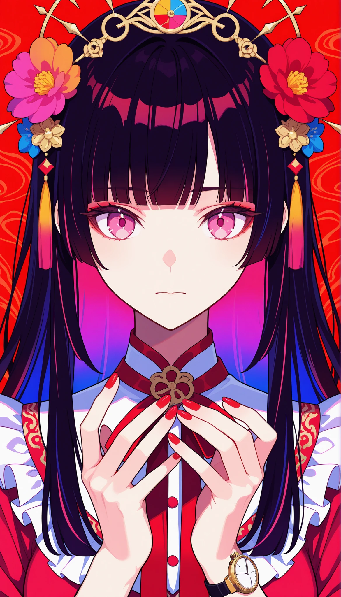 Woman, solo, red nails, watch viewers, Bang, pink eyes, long hair, dark haired, hair ornaments, hands up, Flower, blunt Bang, closed mouth, Tassel, ribbon, Portrait, colorful, red background, frills, multicolored hair, upper body,
