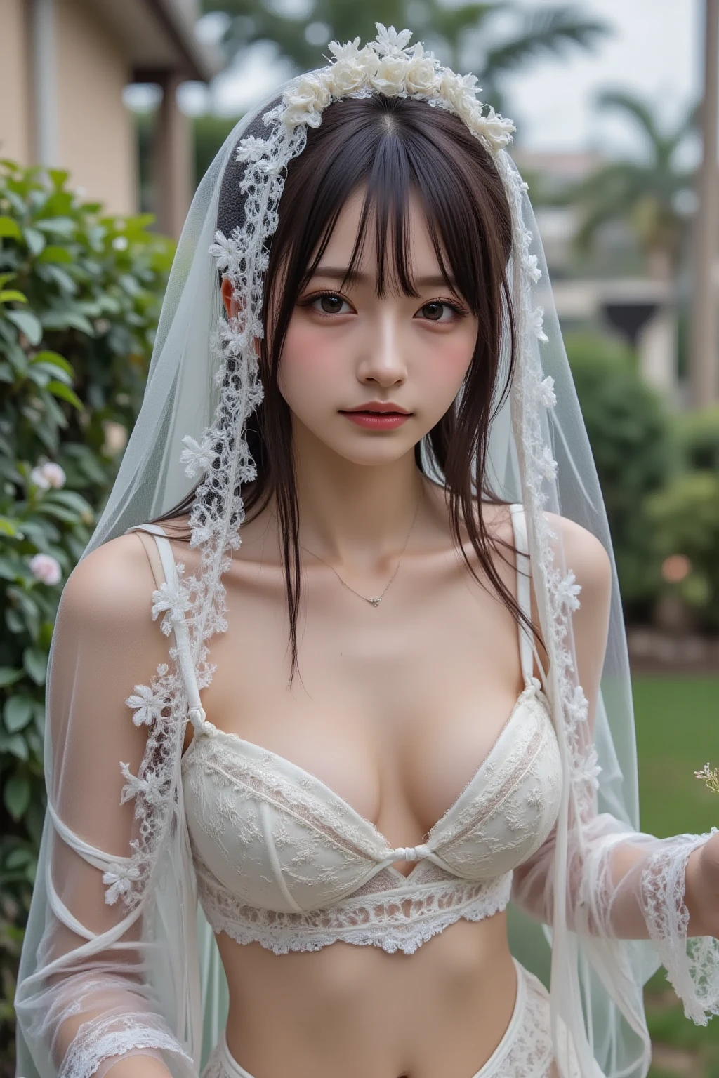 (((Pixel perfect, Perfect details))), alone, 1 girl, yuigahama yui,  Close-up of beautiful bride wearing beautiful wedding dress,Gurwitz, (bridal veil:1.5），（transparent short veil：1.5），blush，eye shadow，Blushing face，Head flower，headgear，bouquet，（tube top wedding dress：1.5），（silk dress：1.2）,（strapless wedding dress：1.5）,pure white dress，necklace，earrings，(large :1.3)，Bangs，lipstick，（White long elbow gloves：1.4）,whole body照,High-detail RAW color art,White long skirt，whole body，(standing on the railroad tracks:1.3),18 years old, （long twintails：1.5）,(double bun:1.5), black hair