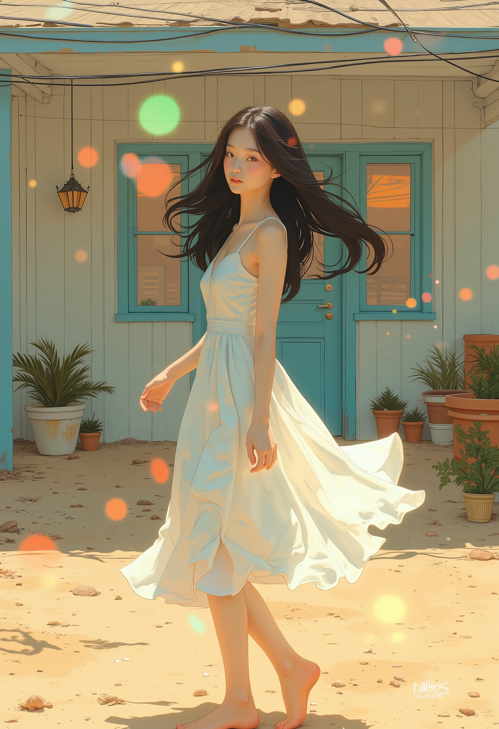 A detailed cinematic composition-like illustration shows a cowboy shot of a beautiful Asian woman in a white sleeveless dress. The woman has beautiful make-up and long hair blowing in the wind. The woman is outdoors on a sandy area (standing with her torso slightly tilted to the left in a playful pose: 3.6). In the background, a building with a light-colored roof and a blue door is visible. The building has a covered porch, and several potted plants can be seen on the porch. In the background (the setting sun shines brightly in the backlight, enveloping the woman: 3.6). (A photographic lens flare covers the screen, creating an evening solitude: 3.6).