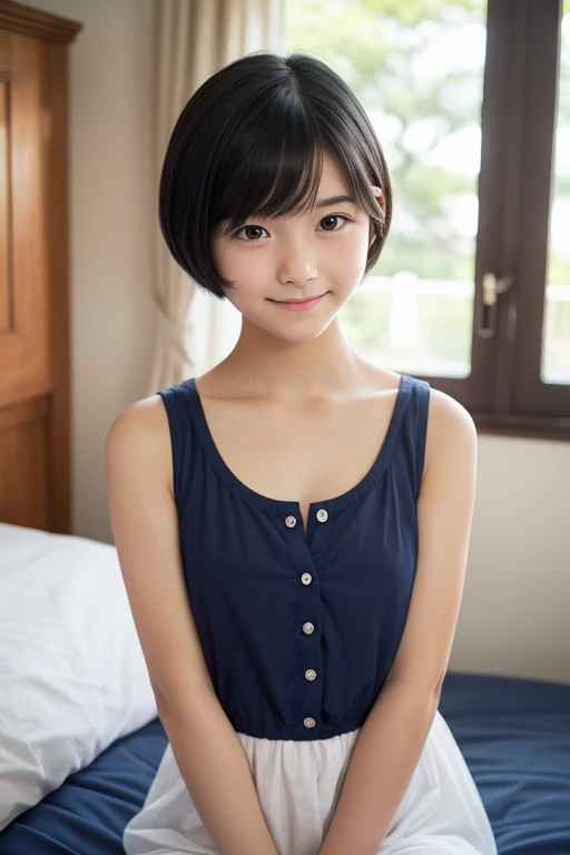 One girl, Fluffy short hair,Black Hair,smile,Inside the room, pink,Tank top,Bed,Sit down,Innocence,5th grade elementary school,Look here,Close-up of a small valley in the ,, (masterpiece, Highest quality), Soft Light, Structure of the film, Like a movie
