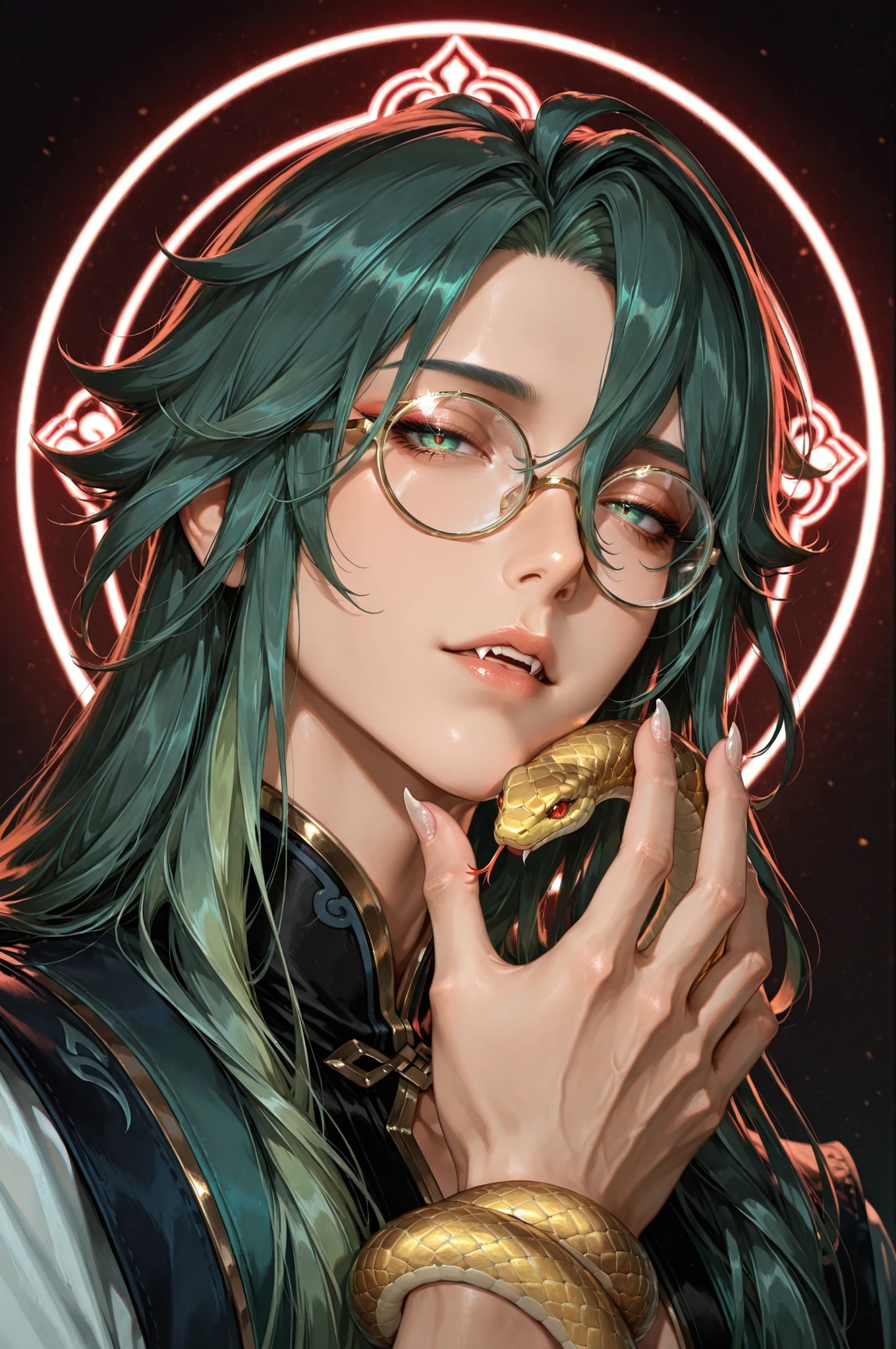 masterpiece, ultra-HD, high detail, best quality, very aesthetic, 8k, best quality, sharp focus,
realistic, three quarter face shot, depth of field, shallow depth of field. 
1boy, adult male, Baizhu(Genshin Impact), long hair, green hair.
narrowed eyes, gold snake-like eyes, expressionless, male focus.
(fangs). 
real skin, ornate, oval-framed glasses.
long claw nails. 
hand view, heart . 
red neon lighting, 
dark theme. 
shoot from side, 
dynamic composition, dynamic angle. 