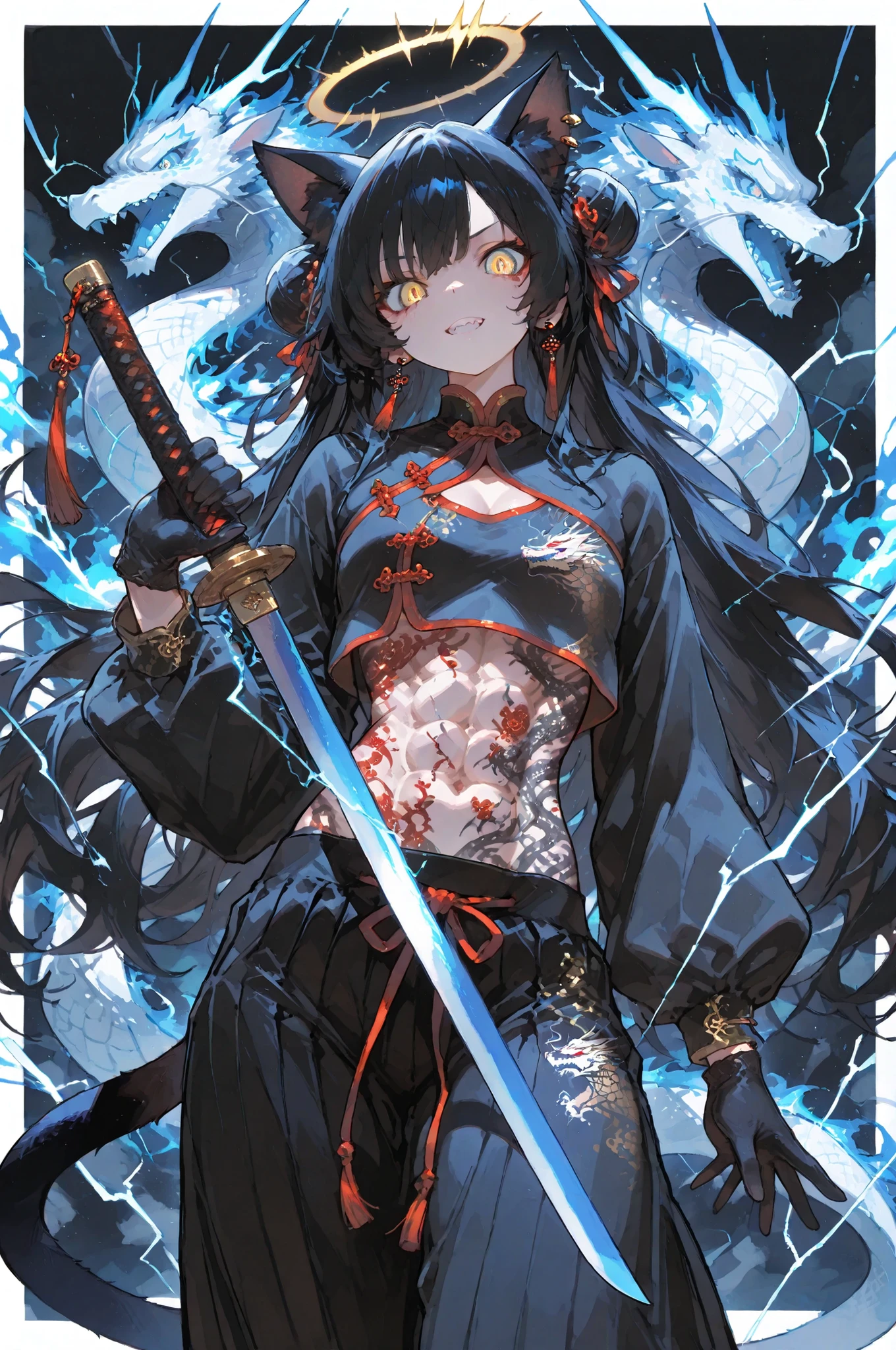 ,Top quality, masterpiece, original photo, ultra-high resolution, ultra-high quality, super detail, 8k picture quality, ultimate quality, detailed description, symmetrical eyes, detailed and beautiful face, extremely detailed cg,*********solo, full-body display, spacious scene Chinese clothes, cat ears, tail, pretty girl, cute, beautiful, beautiful, tattoo, earrings, full-body tattoo, halo, very sexy, bait, Japanese long sword, draw your sword, dragon, lightning, piercing, many poses, six-pack abs, muscular, lightning One pose, duel, draw your sword, sword fight, gloves, Rapidfire, aspiration, reduction, double teeth, adult, long sword