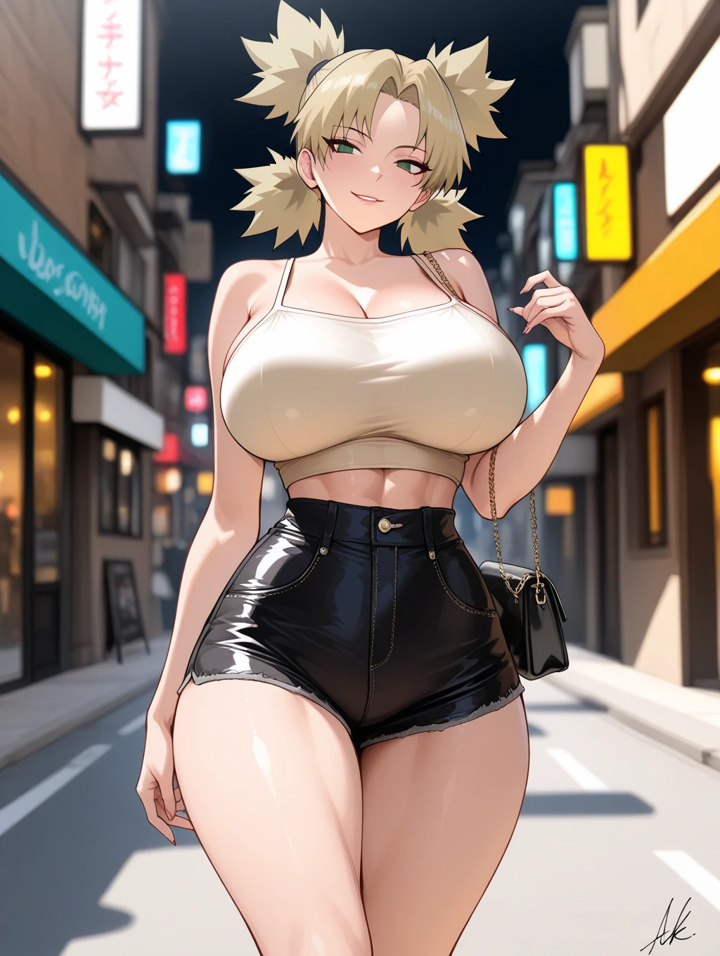 Super-detailed, 8k HD, Himiko Toga (My Hero Academia), 1 girl, solo, blonde hair, detailed hand and face, busty body, curvy body, big ??????, ??????????, lean and slender abs, crop top and hot pants, jacket, walking around the mall