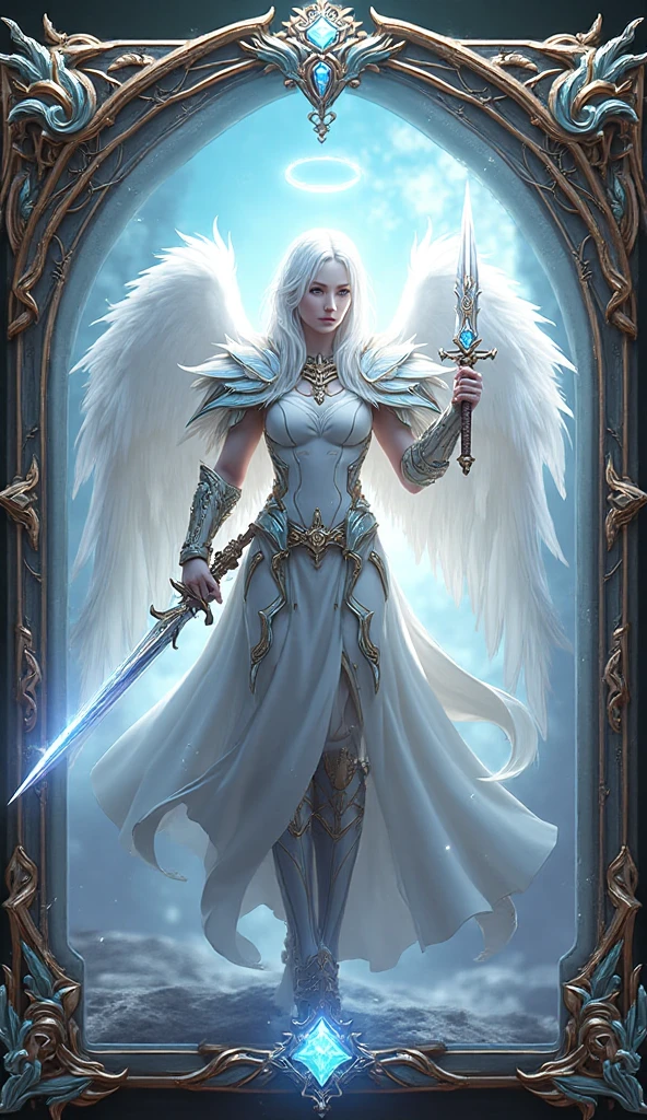 Angel made of light, various colors, sword in hand, 8k quality, cinematic focus, celestial background