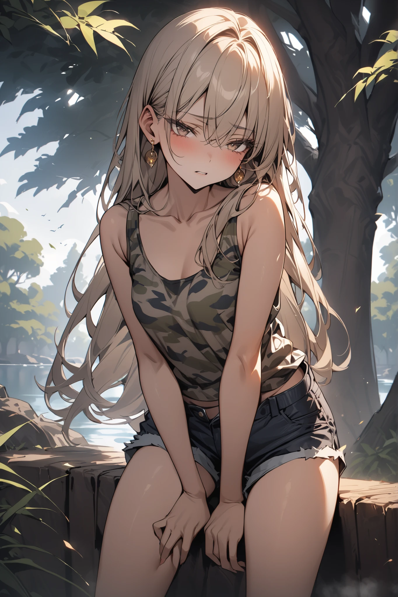 ((masterpiece,Highest Quality:1.2)),(soro),Slender,A junior high school girl who spreads her legs left and right on the lakeside and looks at me in a standing pose,cowboy shot,beautiful skin,(Thin thighs),(healthy tanned skin),light brown very long straight hair,Perfect brown eyes , tree eyes ,Seriously remorseful expression,Camouflage Tank Top,black denim shorts,Gold Earrings