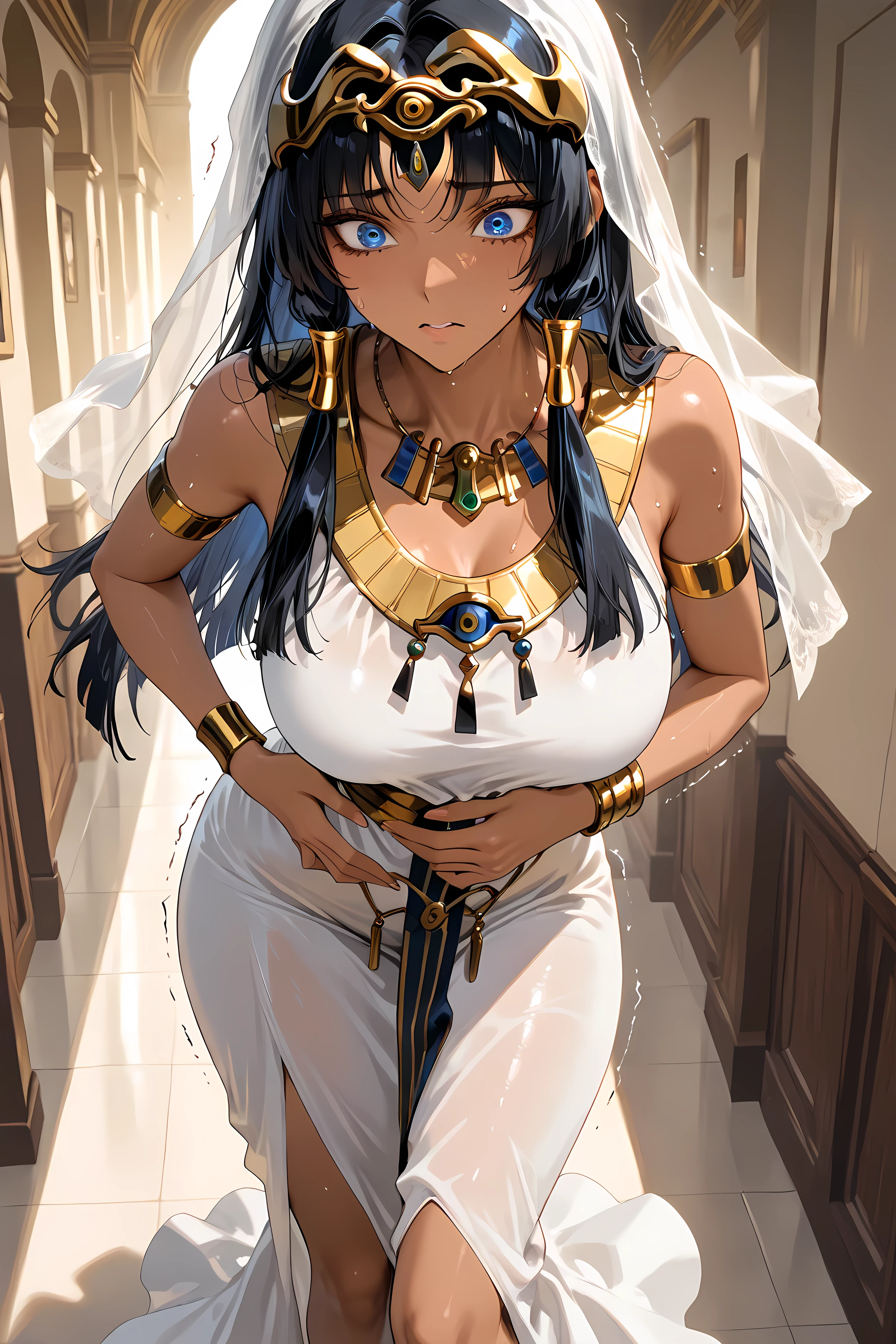 ishishtar, dark-skinned female, eye of horus, jewerly, black hair, forehead jewel, veil, long hair, hair tubes, blue eyes, white dress, armlet, bracelet, necklace, egyptian clothes, ,Solo, masterpiece, highres, ultra-detailed, hyper-detailed, best quality, amazing quality, very aesthetic, best hands, best eyes, best hand
adult woman, 1woman, hand on own stomach, sweat, leaning forward, nervous, scared, trembling legs, office hallway