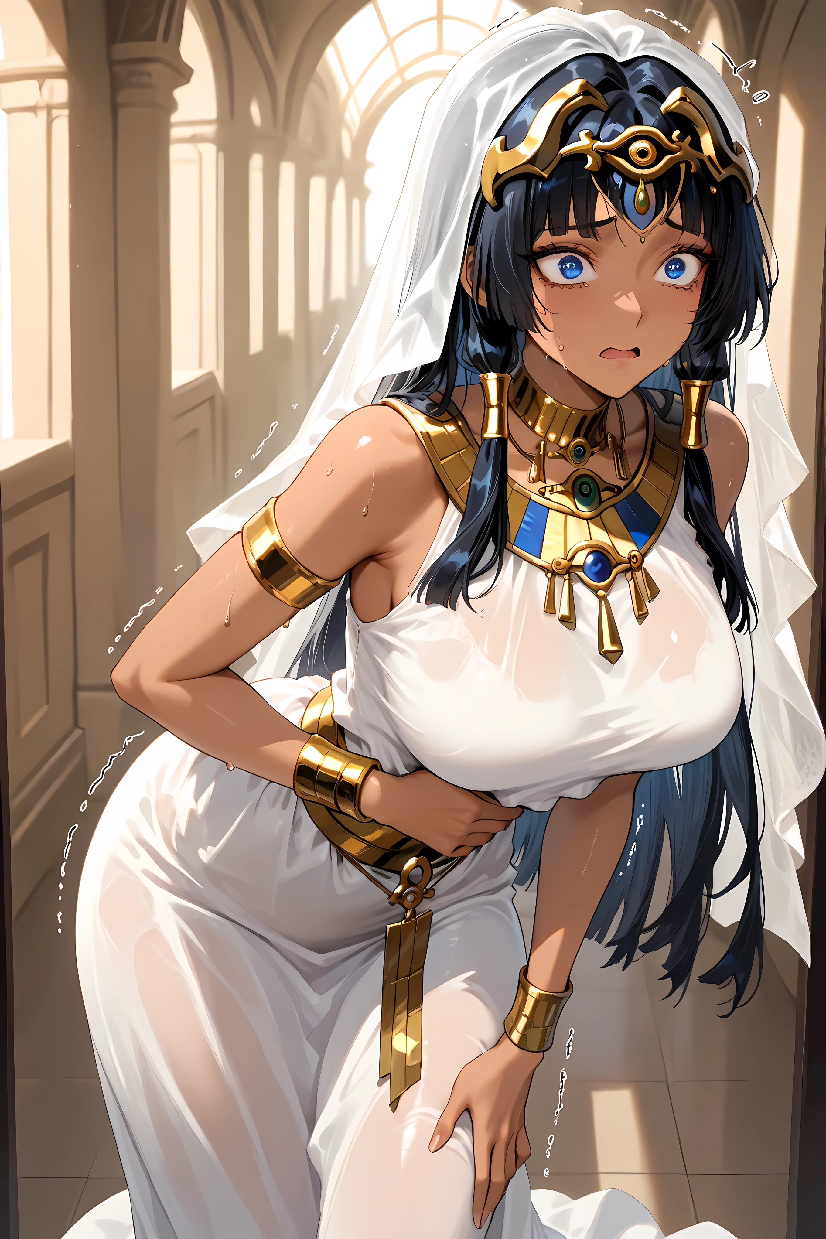 ishishtar, dark-skinned female, eye of horus, jewerly, black hair, forehead jewel, veil, long hair, hair tubes, blue eyes, white dress, armlet, bracelet, necklace, egyptian clothes, ,Solo, masterpiece, highres, ultra-detailed, hyper-detailed, best quality, amazing quality, very aesthetic, best hands, best eyes, best hand
adult woman, 1woman, hand on own stomach, sweat, leaning forward, nervous, scared, trembling legs, office hallway