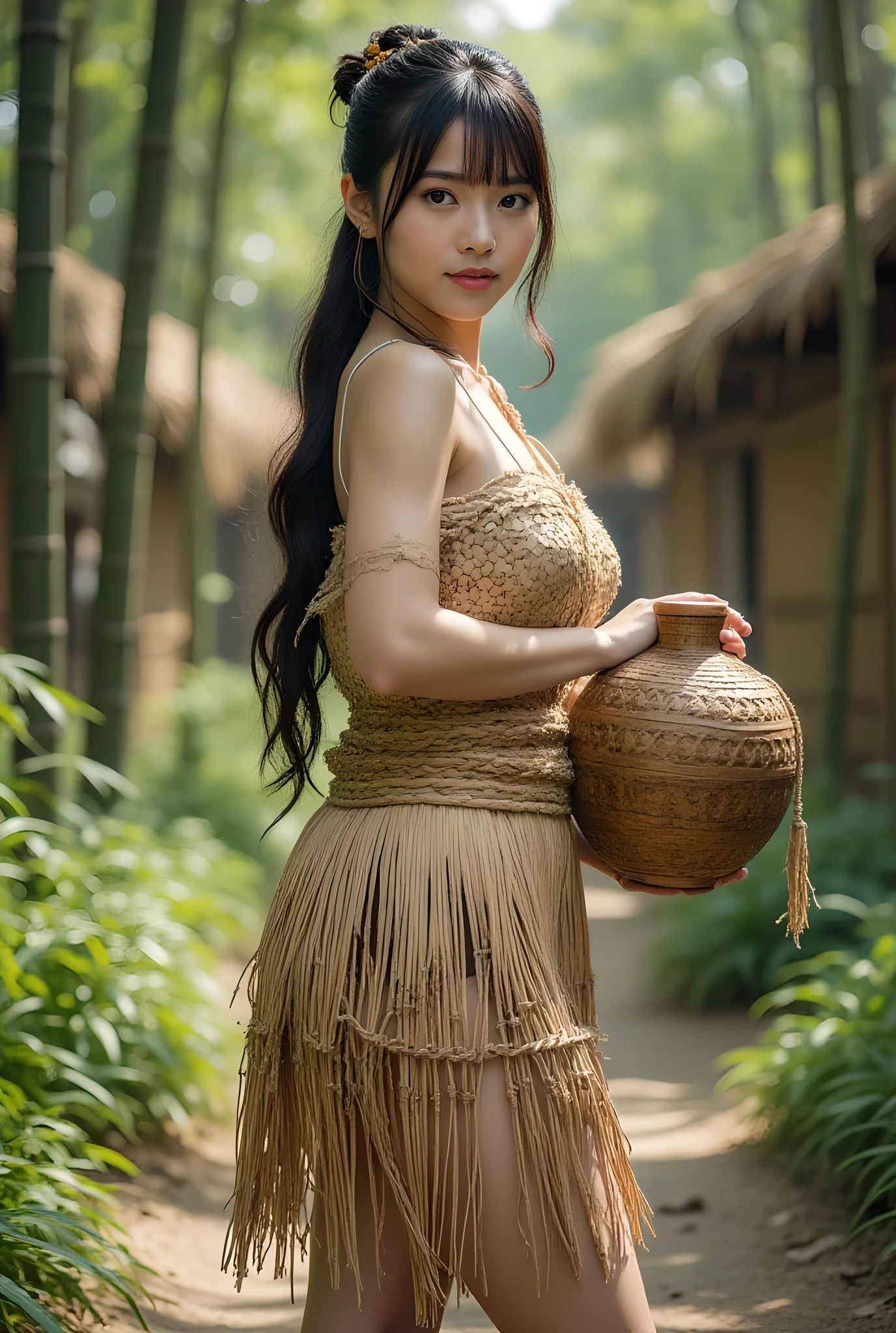 Hunter-gathered age era, (Stone primitive age era:1.6), ((Realistic cinematography ultra-wide depth intense details of realistically precise scenery of deep and dense bamboo forest)),orderly bamboo primitive huts on the background,a detailed of Japanese female hunter,(holding a big size clay basket shape pot),,(handle a clay pot),(),((vivacious)),wearing fully,long primitives tribal long kimono straw woven fabric dress,,,(perfectly depth symmetrically precise curvy busty full body form),(cinematic dynamically camera widely angle scenery:accurately depicted:1.3),the lively prehistoric cradle of history depicting scenery,midday,realistically full depth,(cinematography dynamic angle|hyperrealistic:realistic scenery:3d texture over the scenery),best videography angle,hdr,greeny vibes, (cinematography vibe),primitive fabric wardrobe,(dynamic image composition),(octane 3d rendering|50mm lens shot:1.3),(precise lifelike skin texture:lifelike hairs:realism),(best rule of third photography composition),(best image aperture),(full details depth of field),(best shutter speed),(RAW photo image),(photorealistic|photorealism:hyperrealism style),(realistic depth 3d:cgi:1.3),(trending on cgsociety:devianart:unreal engine 5),,(best photography:national Geographic style), stonePunkAi and bronzePunkAi artwork, digital art,best lighting concept,(realistic intricately fixed truly fully human's anatomy body+hands+and+fingers anatomical),natural motion,inspired by farcry5 game artwork.