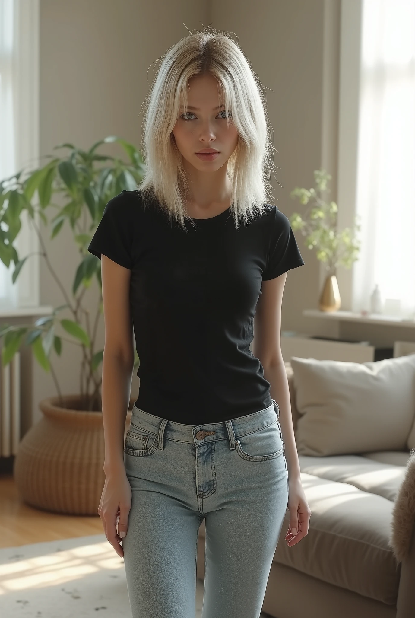 Ultra-photorealistic full-body portrait of a young slender europan woman standing in a modern daylight living room. youthful, milky European skin, a delicate symmetrical face with large vivid eyes, full lips, and a narrow straight nose. Her blonde shoulder-length hair is styled with a dramatic side-swept fringe: cut longer on one side, falling diagonally across her forehead and covering one eye. She wears fitted light-blue jeans that flare at the calves and a feminine black t-shirt. Realistic proportions, cinematic natural lighting, 8k detail, lifelike textures, high fashion magazine style.