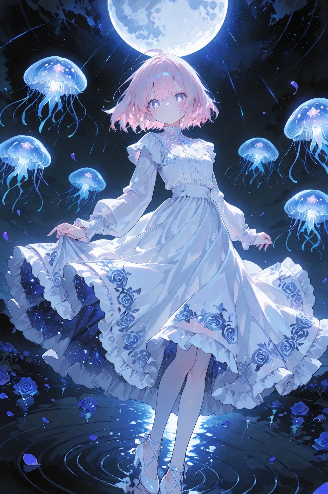 ,Top quality, masterpiece, original photo, ultra-high resolution, ultra-high quality, super detail, 8k picture quality, ultimate quality, detailed description, symmetrical eyes, detailed and beautiful face, extremely detailed cg,*********[Black theme, White theme, blue theme],90° full-body close-up of the character, extremely detailed background. Dreamy background Extremely detailed face and eyes, glowing, summary marble, summary pattern, summary pattern, marble pattern, solo, 1 girl, violet eyes, light pink hair, short hair, cool, beautiful, medium chest, very cute, cute, kawaii, white long dress High heels, dynamic angles, dynamic composition, dynamic poses, blue roses, petals, scenery, night sea, reflected water, moon, starry sky, floating jellyfish, moon light