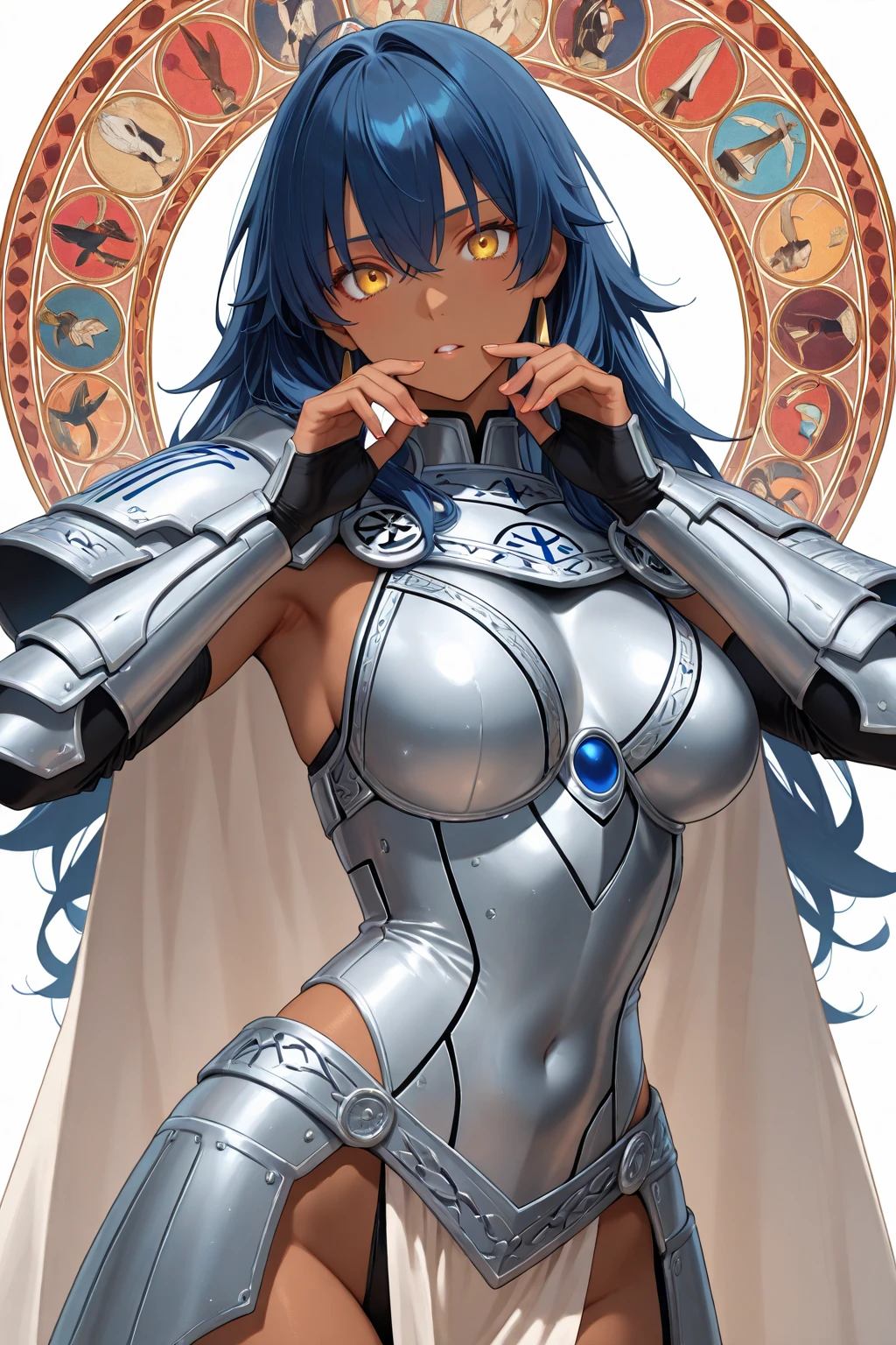 "(masterpiece:1.1), best quality, NSFW, 
1girl, (80s anime style:1.3), (eyelashes:1.5), (loli:1.2), 
(intricate high detailed body:1.2), 
blonde hair, (hair over one eye:1.1), (short hair, twin bun:1.1), (animal ears:1.2), 
brown eyes, 
(pale skin:1.3), (slim body:1.1), (medium breasts:1.1), 
(angry, smile:1.2), 
(silver embroidery leotard armor:1.2), 
(knight armor, armored boots, capelet:1.2), (hoop earrings:1.1), gloves, 
standing, arms behind back, 
(upper body, cowboy shot, looking at viewer, from front:1.1),
(daytime, grassland, outdoors:1.2)"