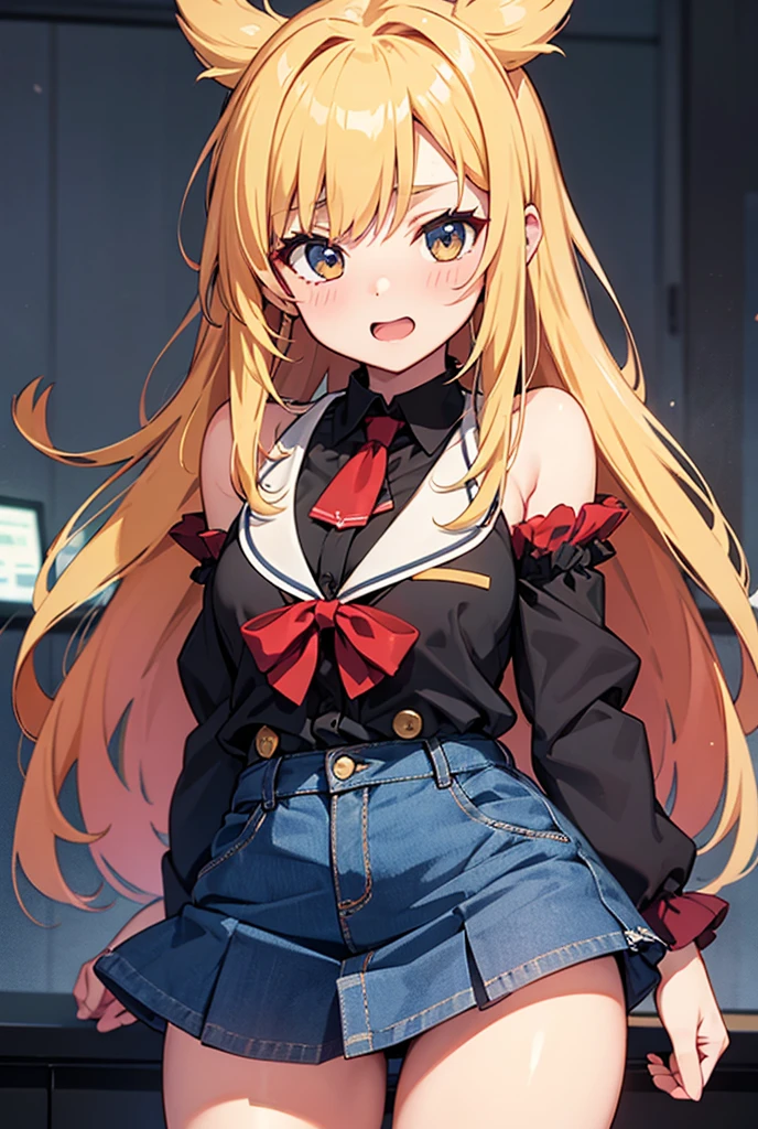  anime,
(1girl, solo), (beautiful detailed girl), 
Mariabell Crois, yellow hair, drill hair, twin drills, (long hair:1.1), very long hair,, hair ornament, orange eyes, , earrings, necklace, jewelry,
smug, smile, blush, lipstick, fur trim, mature female, gloves, fur-trimmed coat, outdoors, rooftop, cityscape, building, railing, night sky, scenery, city lights, masterpiece, best quality, highly detailed, a girls with a gun, open mouth, blazer,  gaze, () , badass pose , evil smile, smile, black bra, anime girl with long hair, long haired girl,
navel, evil expression, exposed belly, exposed navel, exposed midriff, exposed lower belly, micro
miniskirt, micro pencil skirt, pencil skirt ,holding a gun,
