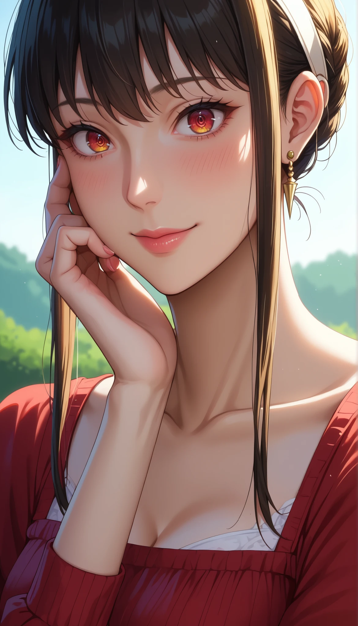 The character is Yol Briar from Family of Spies, Girl seen from the side , Vol sidewaystuous women, old, big boobs, mature women, Motherhood, wide waist , score_9, score_8_ sideways, score_7_ sideways, score_6_ sideways, source_anime, beautiful faces, expressive eyes, detailed eyes panty pants pantyhose with back on the ground , Alone, close- sideways, seated , Put your hands on the couch, indoor, Scenery, dramatic lighting , anime screencap, Attractive Smile、surprised expression above my head