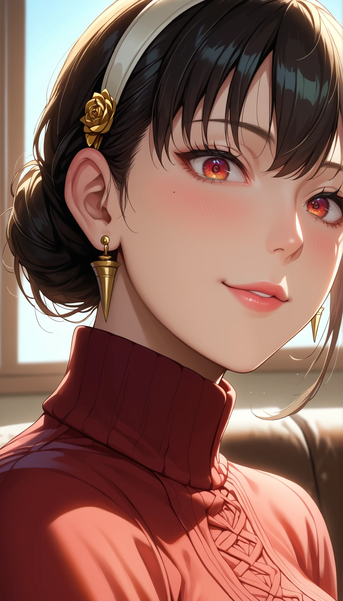 The character is Yol Briar from Family of Spies, Girl seen from the side , Vol sidewaystuous women, old, big boobs, mature women, Motherhood, wide waist , score_9, score_8_ sideways, score_7_ sideways, score_6_ sideways, source_anime, beautiful faces, expressive eyes, detailed eyes panty pants pantyhose with back on the ground , Alone, close- sideways, seated , Put your hands on the couch, indoor, Scenery, dramatic lighting , anime screencap, Attractive Smile、surprised expression above my head