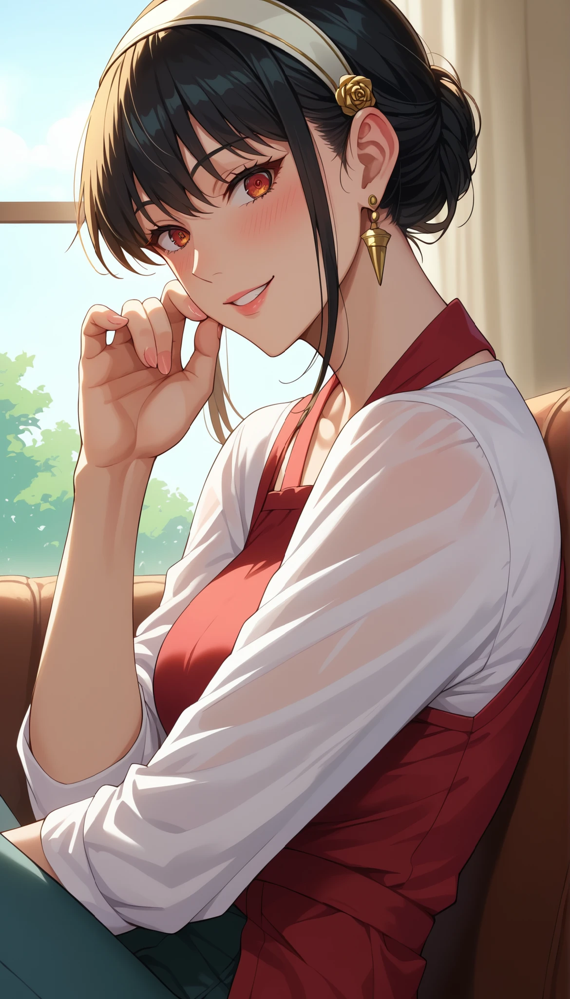 The character is Yol Briar from Family of Spies, Girl seen from the side , Vol sidewaystuous women, old, big boobs, mature women, Motherhood, wide waist , score_9, score_8_ sideways, score_7_ sideways, score_6_ sideways, source_anime, beautiful faces, expressive eyes, detailed eyes panty pants pantyhose with back on the ground , Alone, close- sideways, seated , Put your hands on the couch, indoor, Scenery, dramatic lighting , anime screencap, Attractive Smile、surprised expression above my head