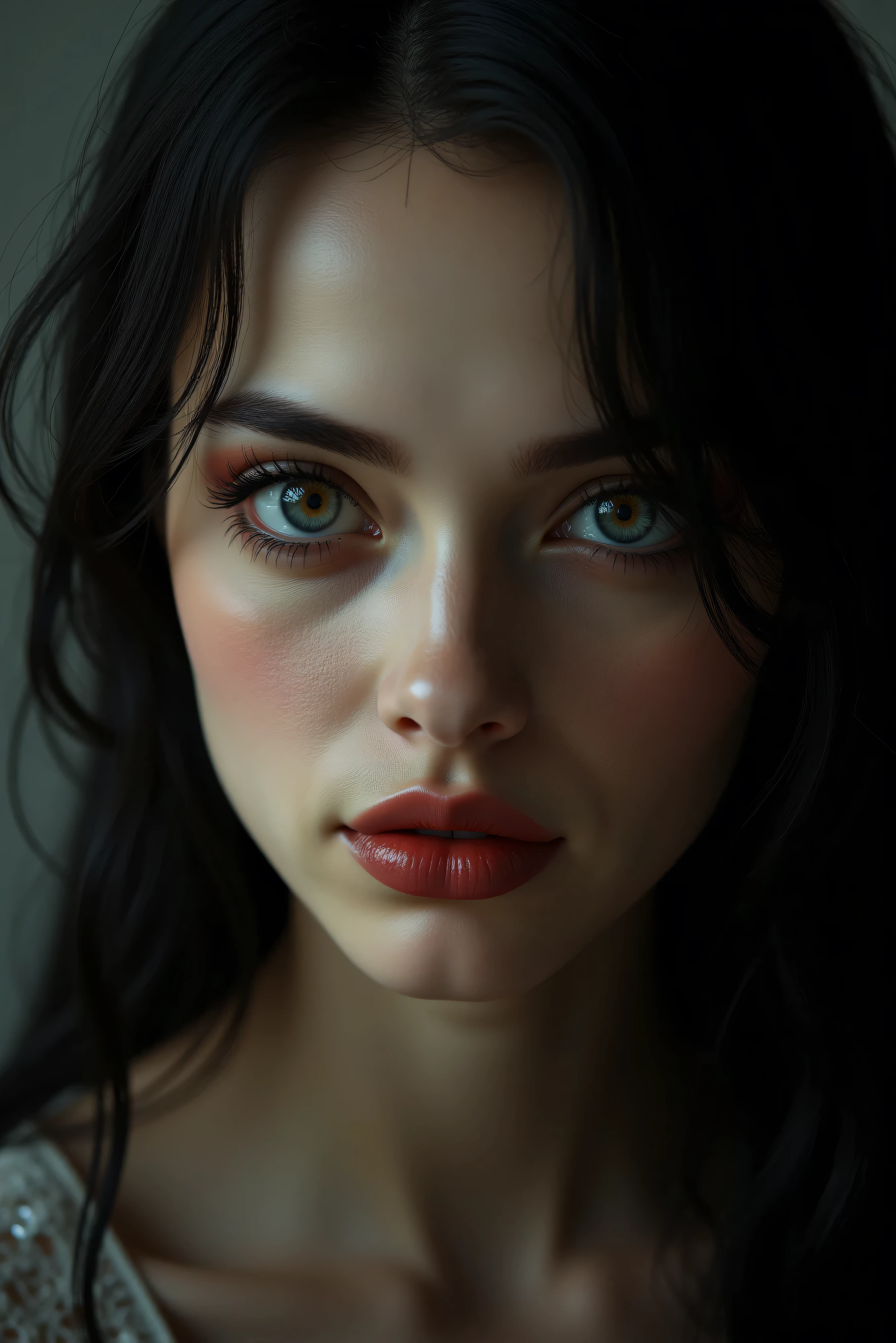 A gorgeous young woman, with insane eyes.
Ultra-realistic, photo-realistic, ultra-detailed, physically-based rendering, professional movie quality images, icon style, iconic character, hypersensual, hyperrealistic, 8k, Parted Lips, Makeup, Wide-Eyed, Kubrick Stare, Best Quality, high-res, startling presence, dramatic presence, cinematography, full focus, 3D rendered realism, ultra attractive gothic beauty, ultra feminine, gorgeous masterpiece