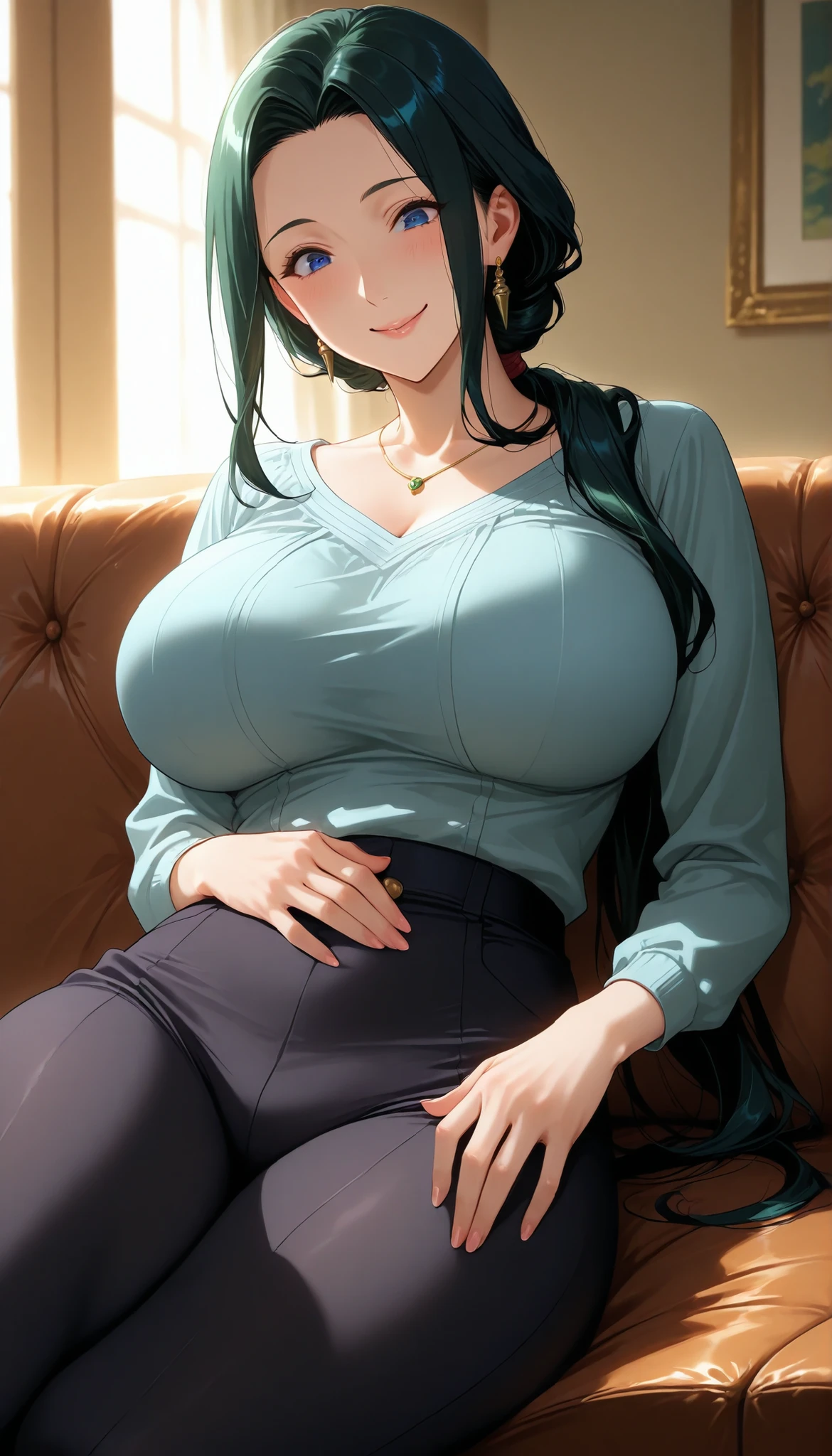 The character is Yol Briar from Family of Spies, Girl seen from the side , Vol sidewaystuous women, old, big boobs, mature women, Motherhood, wide waist , score_9, score_8_ sideways, score_7_ sideways, score_6_ sideways, source_anime, beautiful faces, expressive eyes, detailed eyes panty pants pantyhose with back on the ground , Alone, close- sideways, seated , Put your hands on the couch, indoor, Scenery, dramatic lighting , anime screencap, Attractive Smile、surprised expression above my head