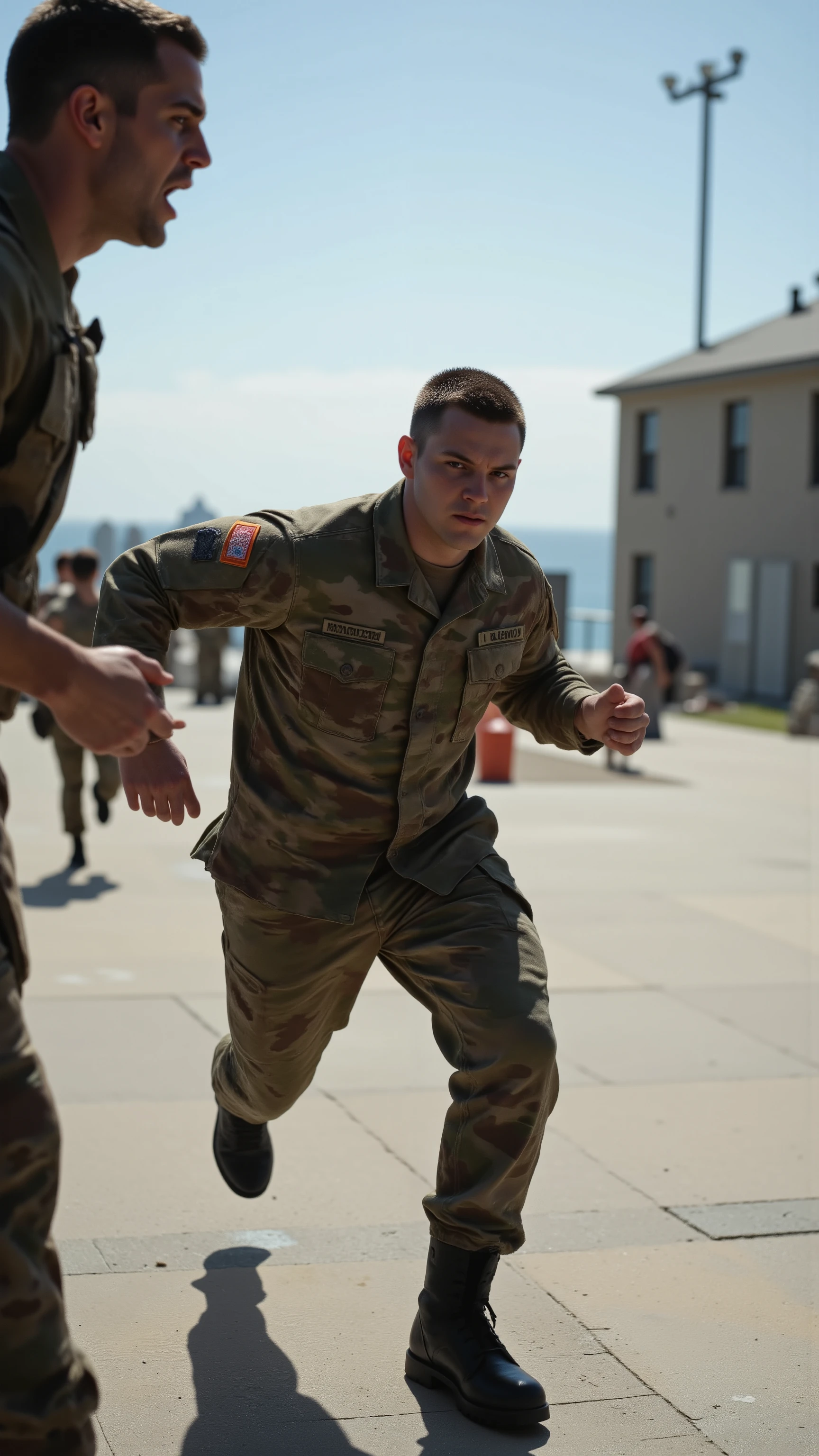 high-definition images、Marine Corps Training School、trainer runs at the square of the training facility by the sea after being yelled at by a black instructor、The protagonist wearing a