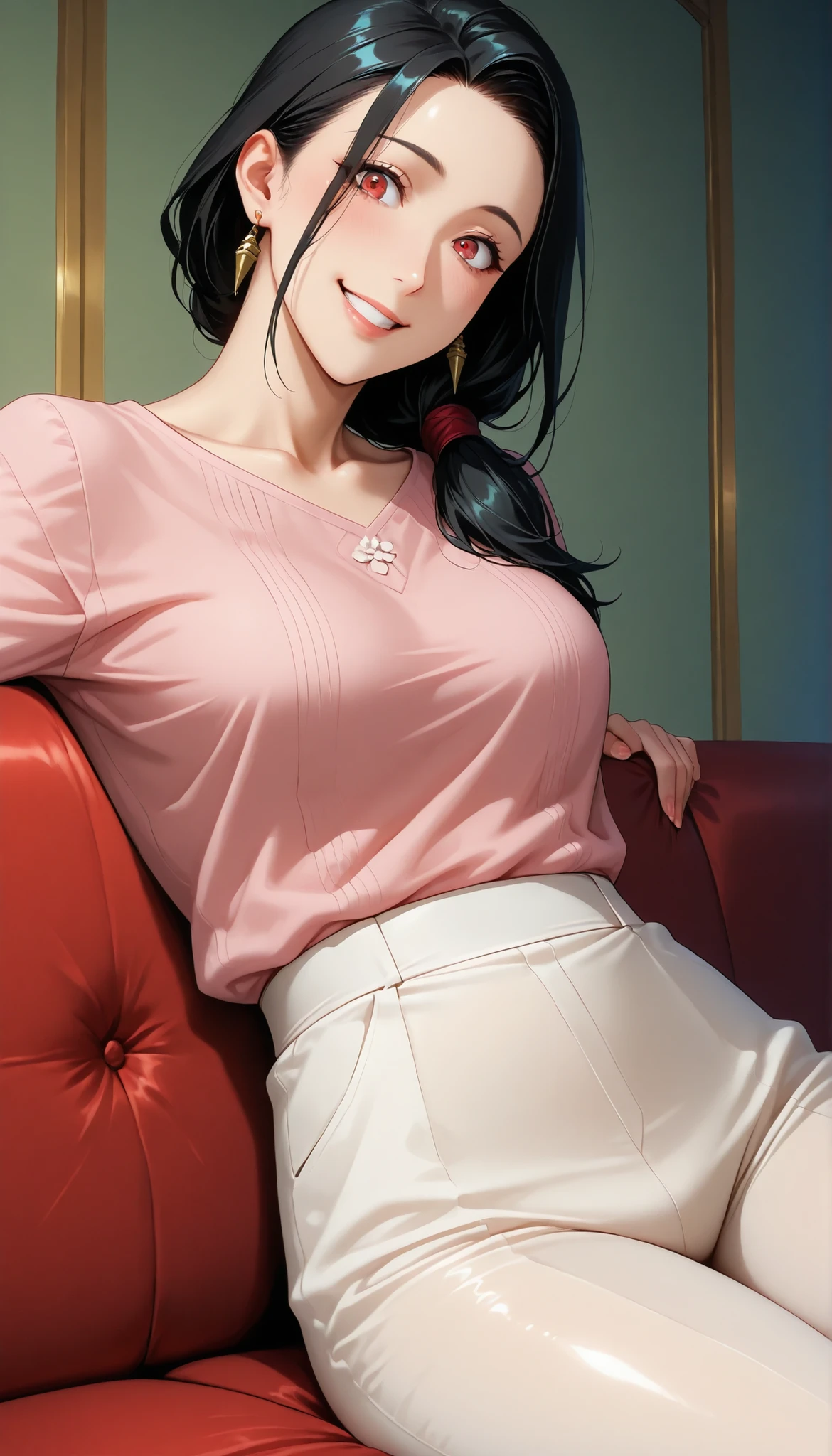 The character is Yol Briar from Family of Spies, Girl seen from the side , Vol sidewaystuous women, old, medium breasts, mature women, Motherhood, wide waist , score_9, score_8_ sideways, score_7_ sideways, score_6_ sideways, source_anime, beautiful faces, expressive eyes, detailed eyes panty pants pantyhose with back on the ground , Alone, close- sideways, seated , Put your hands on the couch, indoor, Scenery, dramatic lighting , anime screencap, Attractive Smile、surprised expression above my head