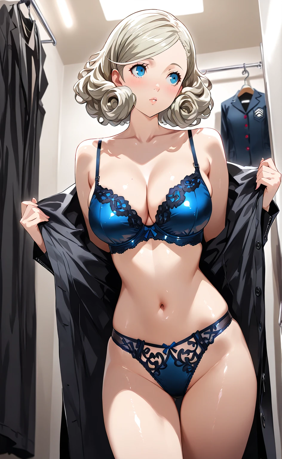 masterpiece, best quality, highres, fiona1, spy x family, hair_over_one_eye, solo, brown gloves, blue coat, buttons, jewelry, earring, , expressionless, cowboy shot,  open coat, bra, penties, , indoors,standing,