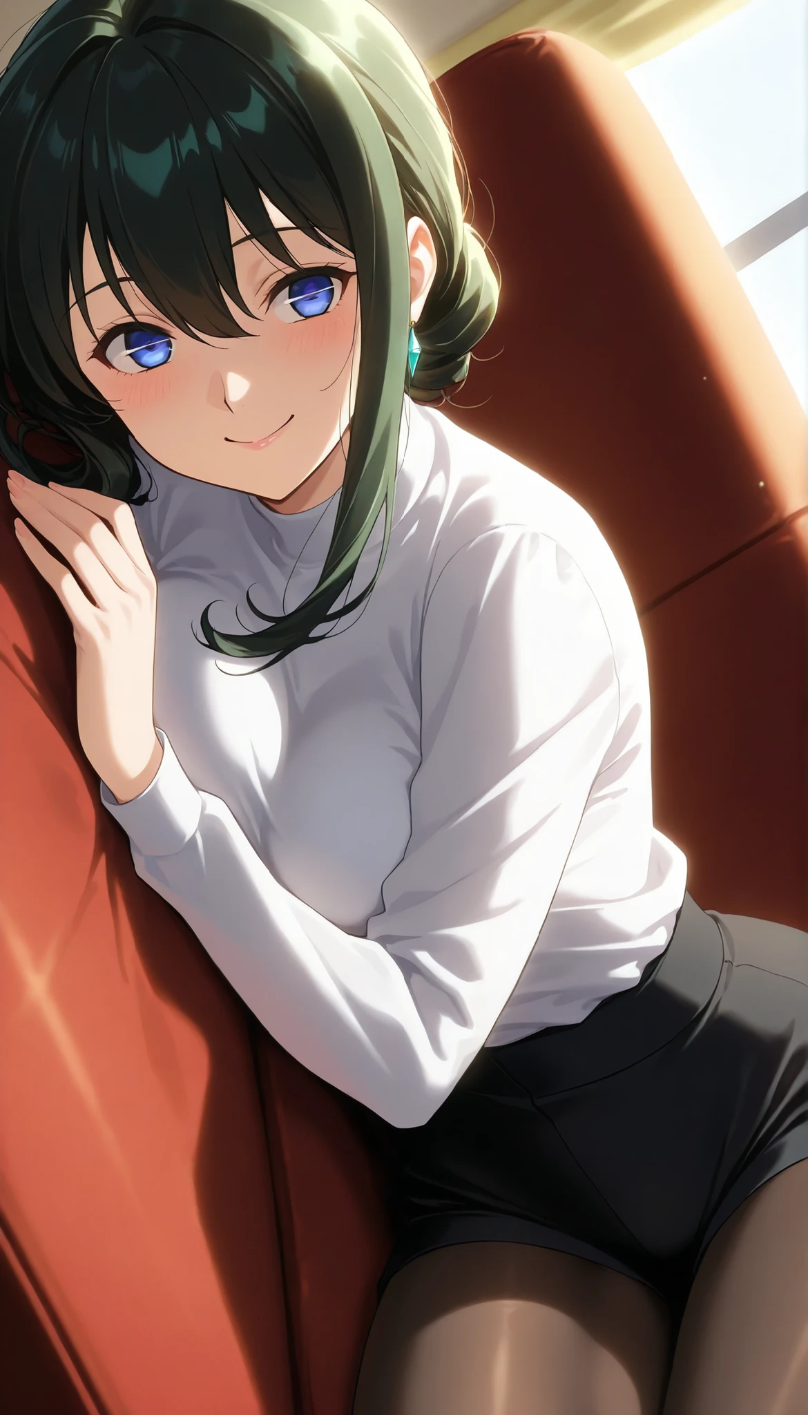 The character is Yol Briar from Family of Spies, Girl seen from the side , Vol sidewaystuous women, old, medium breasts, mature women, Motherhood, wide waist , score_9, score_8_ sideways, score_7_ sideways, score_6_ sideways, source_anime, beautiful faces, expressive eyes, detailed eyes panty pants pantyhose with back on the ground , Alone, close- sideways, seated , Put your hands on the couch, indoor, Scenery, dramatic lighting , anime screencap, Attractive Smile、surprised expression above my head