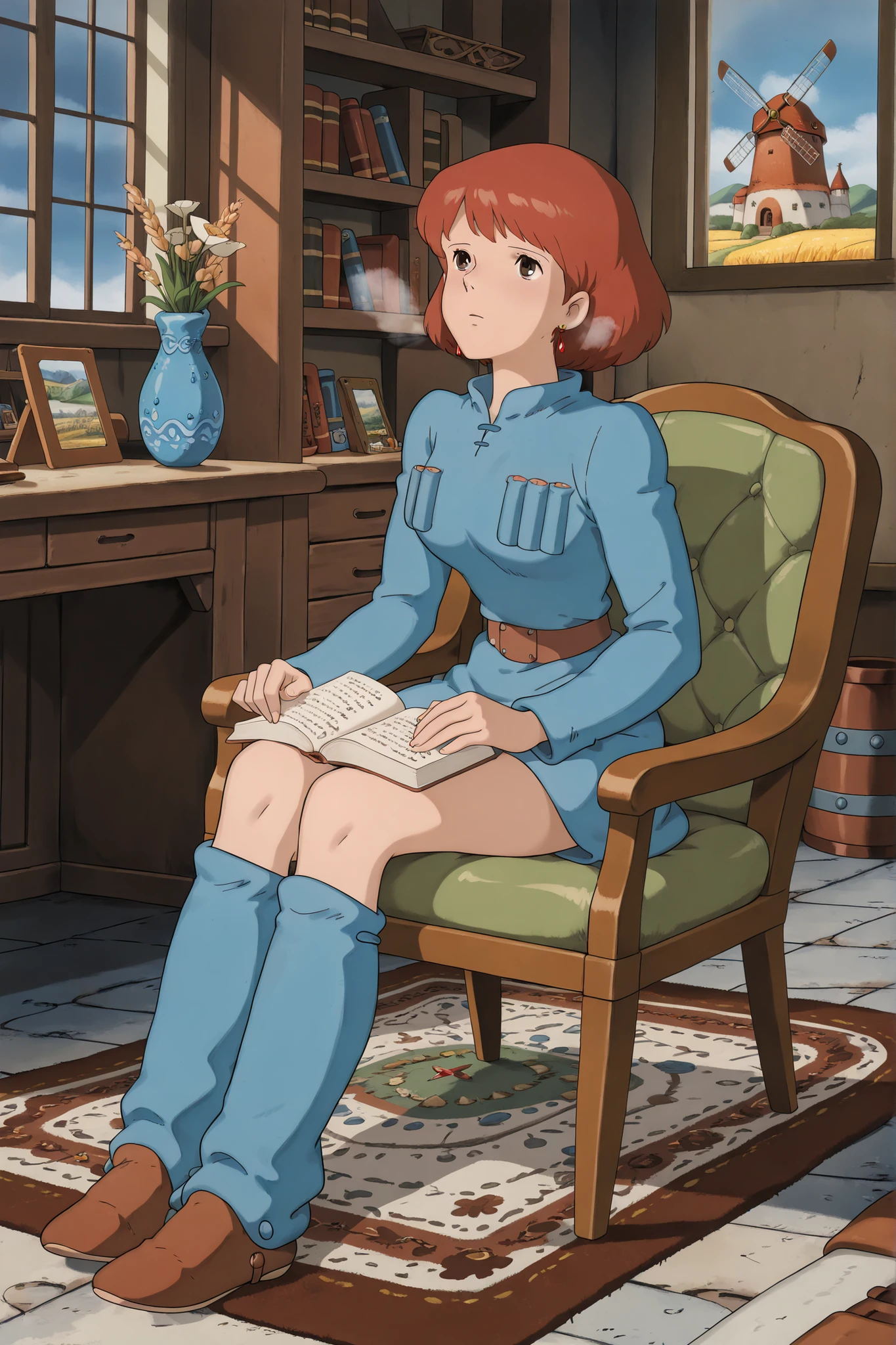 Nausicaa,1girl,brown hair,medium hair,brown eyes, breasts,, (Masterpiece, top quality, 8k, High quality anime, detailed and accurate anime poster, Studio Ghibli style, High sense Art ), adorable face, very kind face, Sitting chair and reading book near window in her private room, desk, bookshelf, flower in a vase, large bay window, Exotic atmosphere, relax pose, Quilted lap blanket, hot breath close to the face, on rainy day, orange hair, short hair, ((elegant short bob cut)), dark brown eyes, beautiful clear eyes, Red Gemstone Earrings, beautiful breasts, beautiful legs, perfect body balance, perfect beauty, slender body, beautiful eyes, (looking up viewer), Valley of the Wind Scenery, Beautiful scenery in the valley, Cturch, windmill, Wheat field, Cobblestone load, winery, Castle terrace, Silk Sheets, ((very cool Nausicaa)), ((Nausicaa is very elegant)), skin color leggings, blue dress,chest bullet holder,long_sleeves, belt, blue leg warmer, felt shoes, beautiful floor rug,