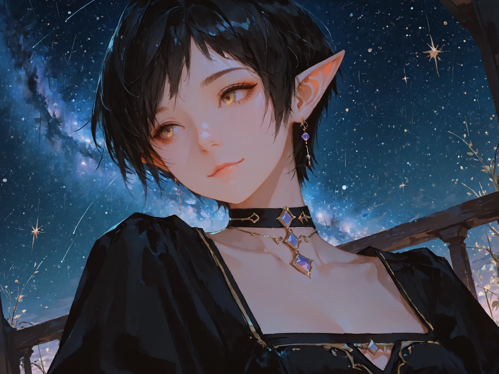 face close-up, dutch angle, makes an aesthetic, Master piece, Best Quality, ultra detailed, a beautiful girl, solo, short black hair, pixie cut, beautiful gold eyes, elf, Proud expression, light smile, choker with purple gem-stone, black little dress, starry sky in background, fantasy world, night,