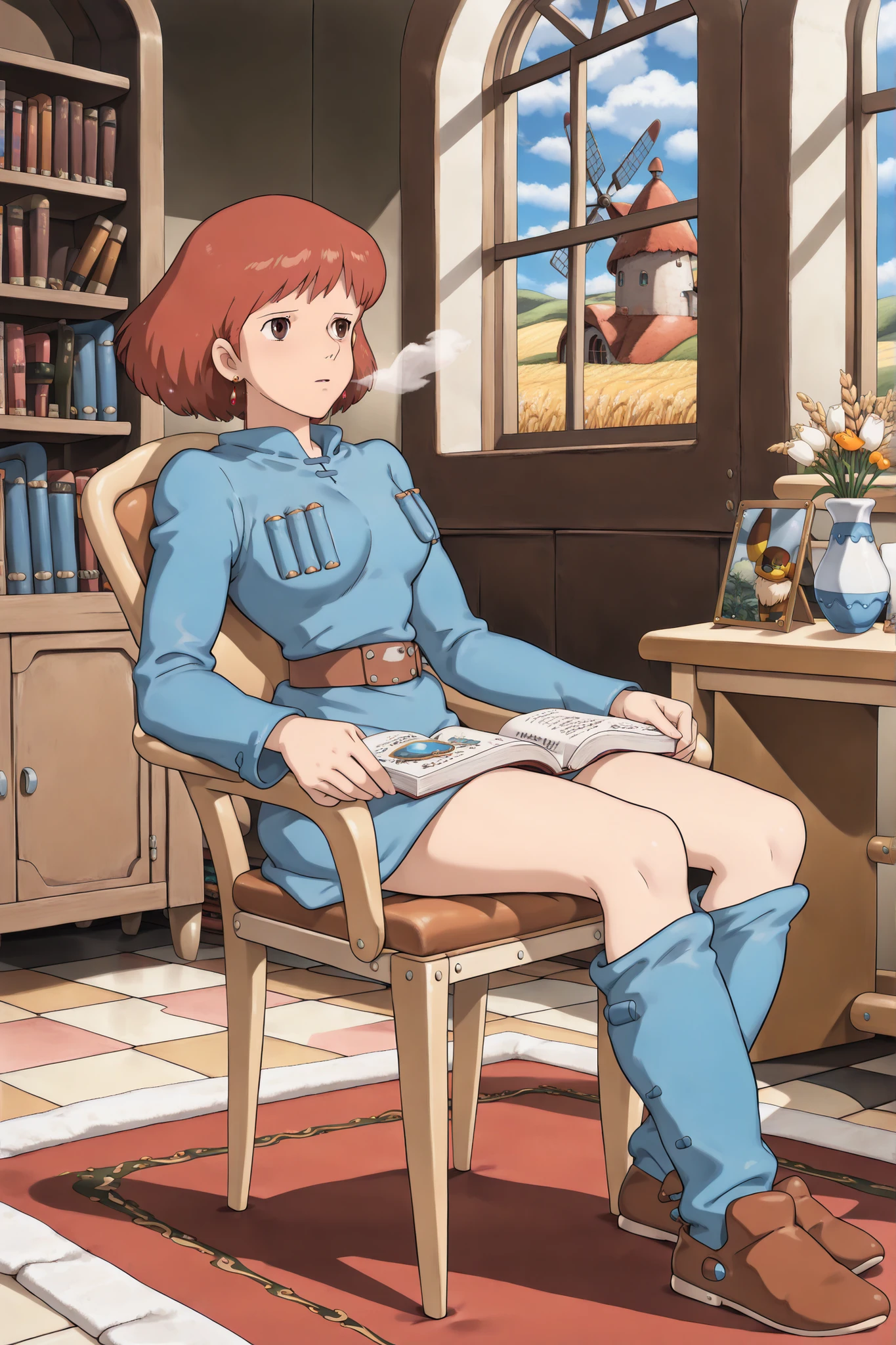 Nausicaa,1girl,brown hair,medium hair,brown eyes, breasts,, (Masterpiece, top quality, 8k, High quality anime, detailed and accurate anime poster, Studio Ghibli style, High sense Art ), adorable face, very kind face, Sitting chair and reading book near window in her private room, desk, bookshelf, flower in a vase, large bay window, Exotic atmosphere, relax pose, Quilted lap blanket, hot breath close to the face, on rainy day, depressed mood, orange hair, short hair, ((elegant short bob cut)), dark brown eyes, beautiful clear eyes, Red Gemstone Earrings, beautiful breasts, beautiful legs, perfect body balance, perfect beauty, slender body, beautiful eyes, (looking out the window), Valley of the Wind Scenery, Beautiful scenery in the valley, Cturch, windmill, Wheat field, Cobblestone load, winery, Castle terrace, Silk Sheets, ((very cool Nausicaa)), ((Nausicaa is very elegant)), skin color leggings, blue dress,chest bullet holder,long_sleeves, belt, blue leg warmer, felt shoes, beautiful floor rug,