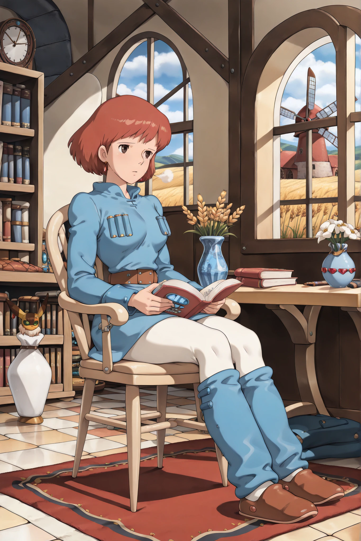 Nausicaa,1girl,brown hair,medium hair,brown eyes, breasts,, (Masterpiece, top quality, 8k, High quality anime, detailed and accurate anime poster, Studio Ghibli style, High sense Art ), adorable face, very kind face, Sitting chair and reading book near window in her private room, desk, bookshelf, flower in a vase, large bay window, Exotic atmosphere, relax pose, Quilted lap blanket, hot breath close to the face, on rainy day, depressed mood, orange hair, short hair, ((elegant short bob cut)), dark brown eyes, beautiful clear eyes, Red Gemstone Earrings, beautiful breasts, beautiful legs, perfect body balance, perfect beauty, slender body, beautiful eyes, (looking out the window), Valley of the Wind Scenery, Beautiful scenery in the valley, Cturch, windmill, Wheat field, Cobblestone load, winery, Castle terrace, Silk Sheets, ((very cool Nausicaa)), ((Nausicaa is very elegant)), skin color leggings, blue dress,chest bullet holder,long_sleeves, belt, blue leg warmer, felt shoes, beautiful floor rug,