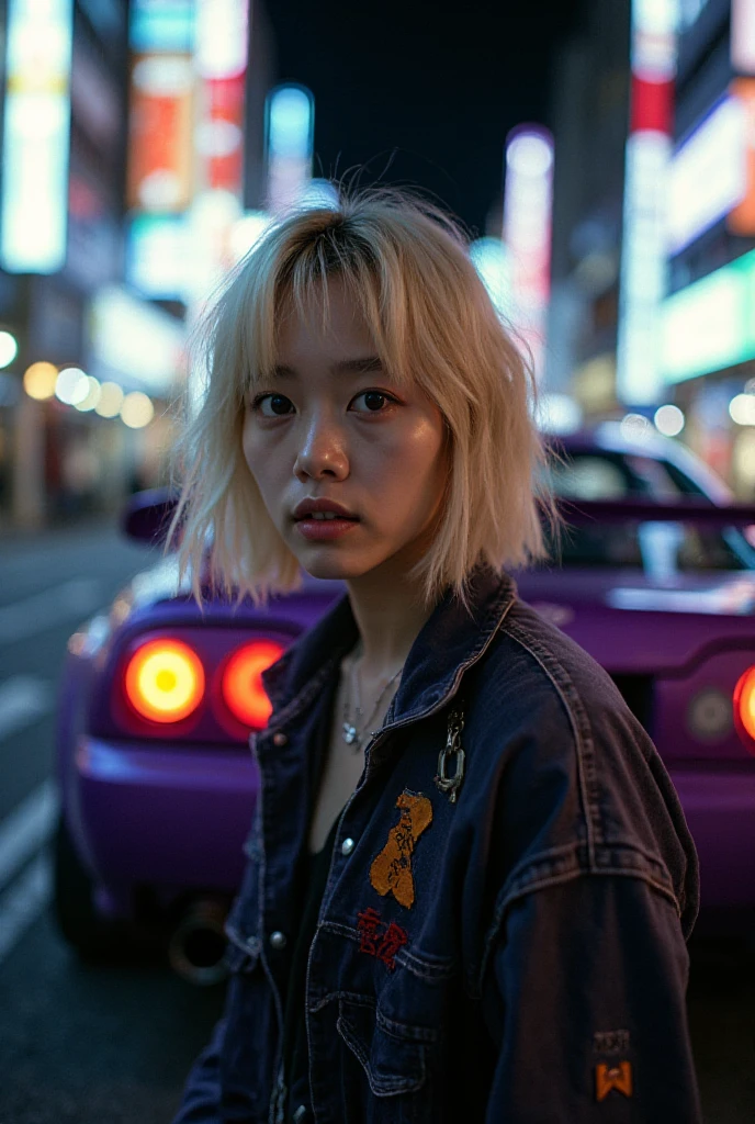 Fish eye portrait, An Asian female Japanese drift street racer in 1980s ...