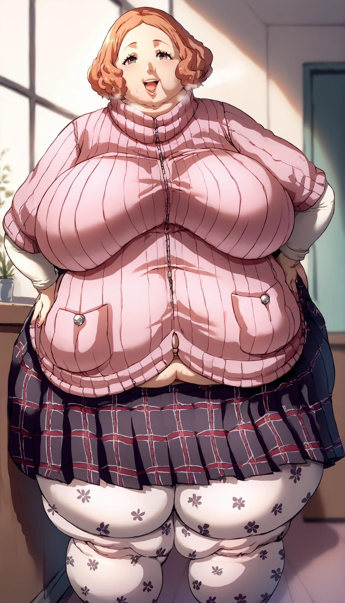 score_9, score_8_up, score_7_up, source_anime, BREAK 1girl, looking at you, smile, defHaru, short hair, pink ribbed sweater, turtleneck sweater, short over long sleeves, plaid skirt, pleated skirt, print pantyhose, pretty beautiful mature old cute curvy slut bbw female woman sexy, chubby ,big hairy milf big, cute, chubby, Obese, huge arms and legs, BBW、big chest wide open mouth, shortness of breath、sweat, puffy cheek, back view, bending over, bending down