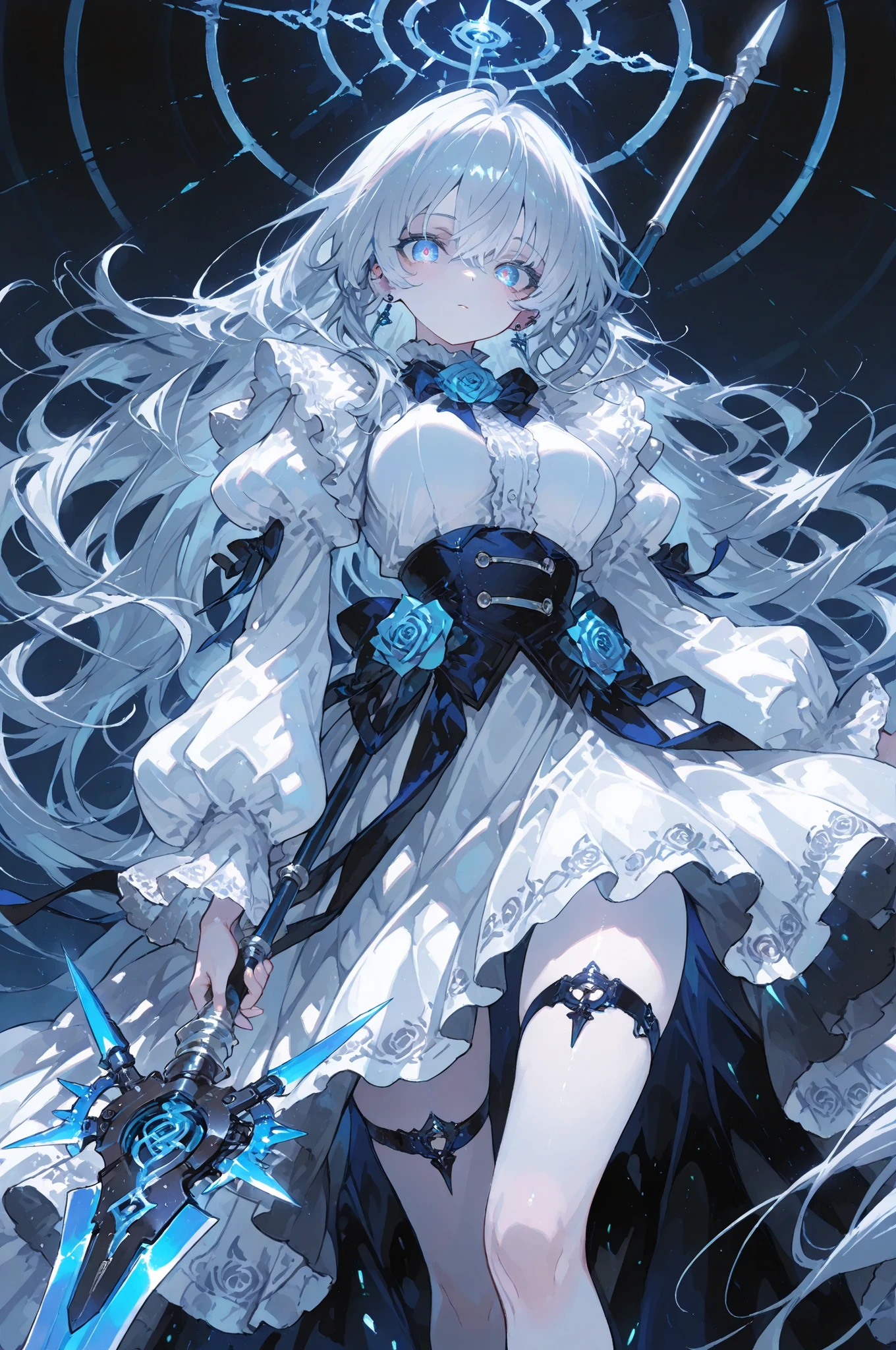 ,Top quality, masterpiece, original photo, ultra-high resolution, ultra-high quality, super detail, 8k picture quality, ultimate quality, detailed description, symmetrical eyes, detailed and beautiful face, extremely detailed cg,*********[Black theme, White theme, blue theme],90° full-body close-up of the character, extremely detailed background. Dreamy background, dynamic poses, movie composition.
(1 girl), medium-sized breasts, shining blue eyes, silver hair, long hair, knee-length skirt, heavy mechanical spear, piercing blue spines. Dynamic posture, blue rose