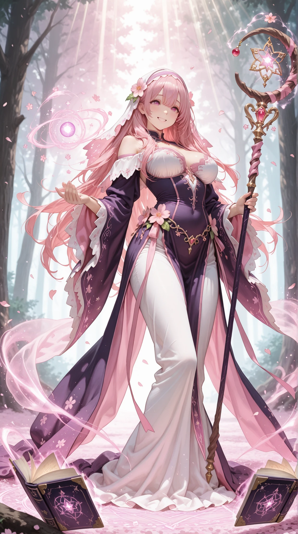 Perfect Quality, An Artistic Masterpiece, Every detail has been worked out
Fantasy witch, pink hair maiden, flower sorceress, intricate magical dress, detailed embroidery, flowing fabric, magical aura, gentle smile, kind eyes, floral magic circles, cherry blossom petals, magical staff, enchanted forest background, morning light rays, detailed hair accessories, floating magic books, spell effects, ethereal atmosphere, detailed clothing folds, magical sparkles