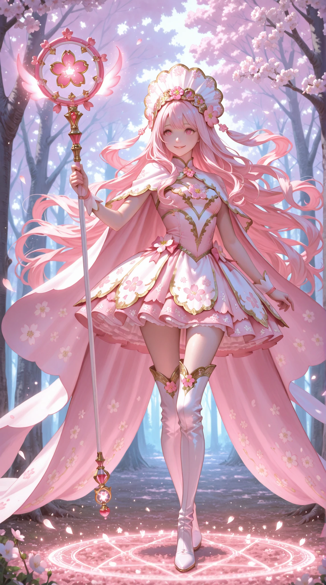 最高品質, 傑作, 究極の詳細度
1girl, light pink hair, long flowing hair, gentle smile, kind eyes, magical girl, witch, fantasy art style, ornate flower-embroidered dress, white and pink dress, intricate floral patterns, magical circle with flower motifs, glowing magic, ethereal atmosphere, floating petals, detailed embroidery, gold trim, flowing cape, thigh-high boots, elaborate headdress with flowers, magical staff with floral ornaments, sparkles, soft lighting, cherry blossoms, spring season, forest background, morning light
