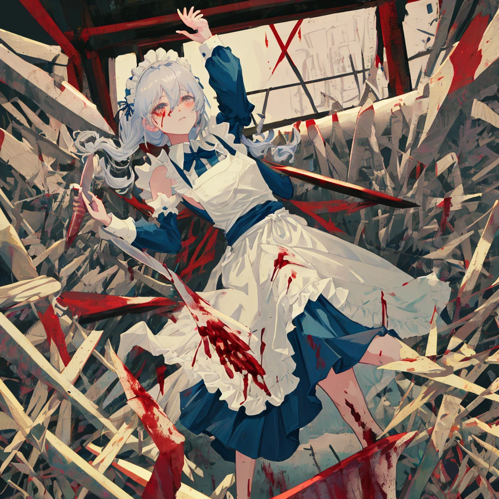 Dirty and torn white dress，white color hair，red led eyes，teens girl，There are traces of recovery from the cut